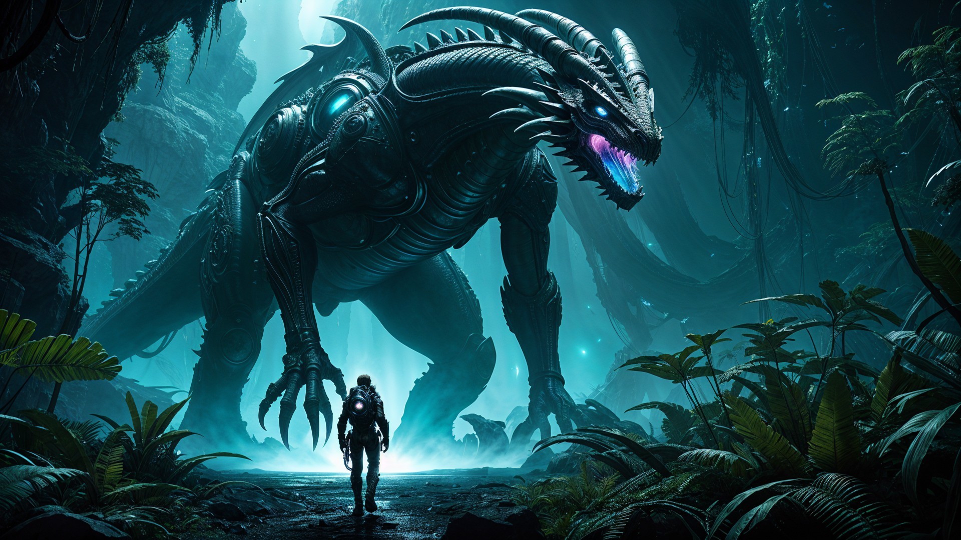 Robotic Dragon in a Mystical Jungle Setting