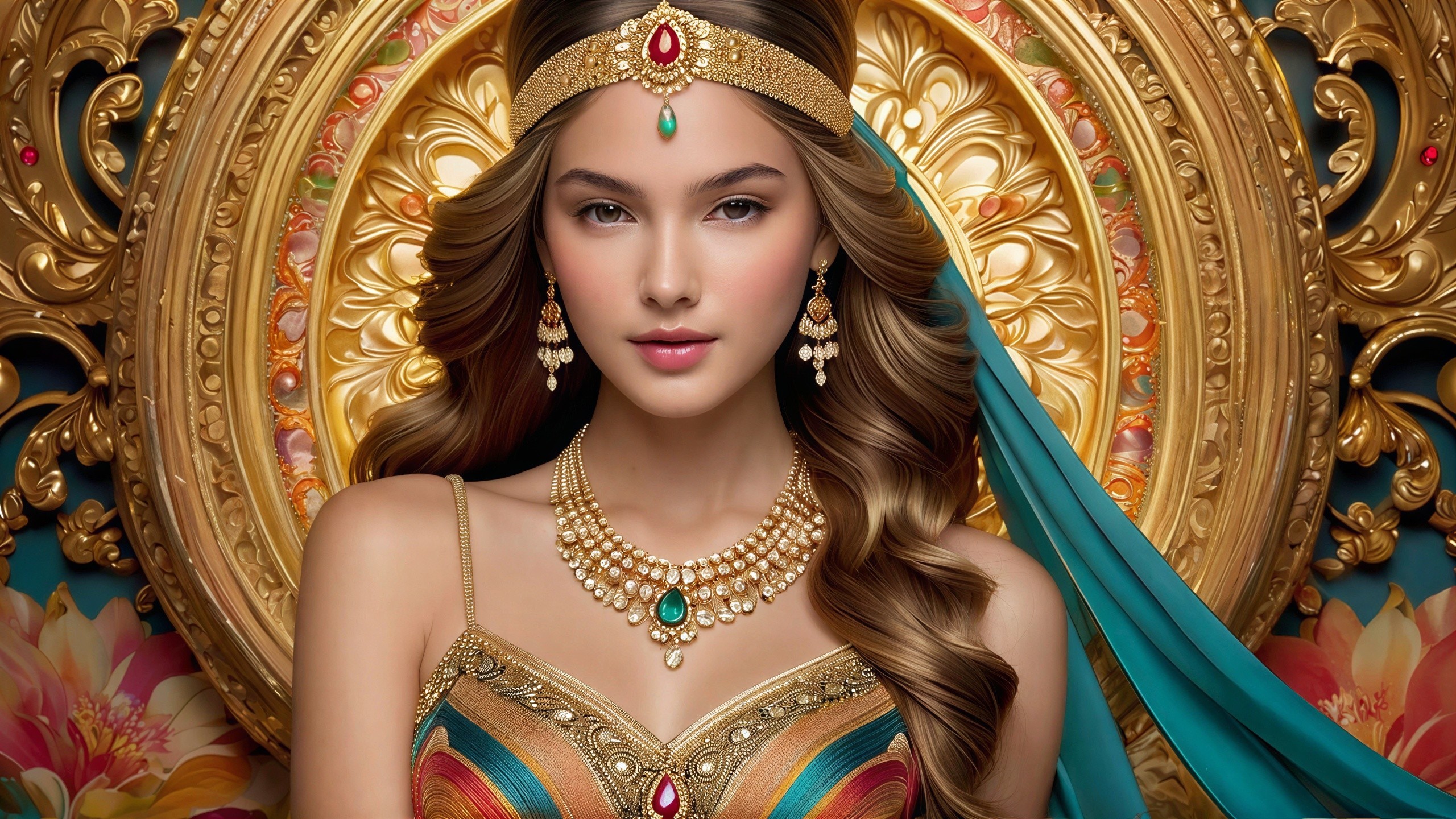 Portrait of a Young Woman in Ornate Jewelry and Attire