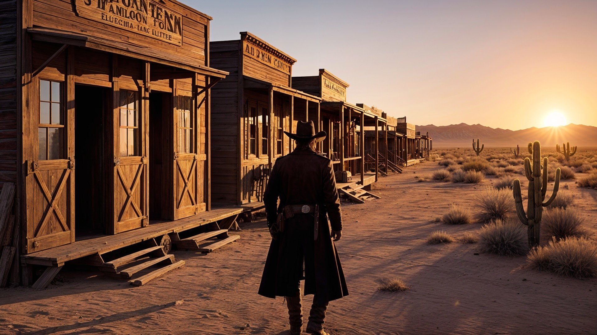 Desert Sunset with Cowboy and Rustic Town Storefronts