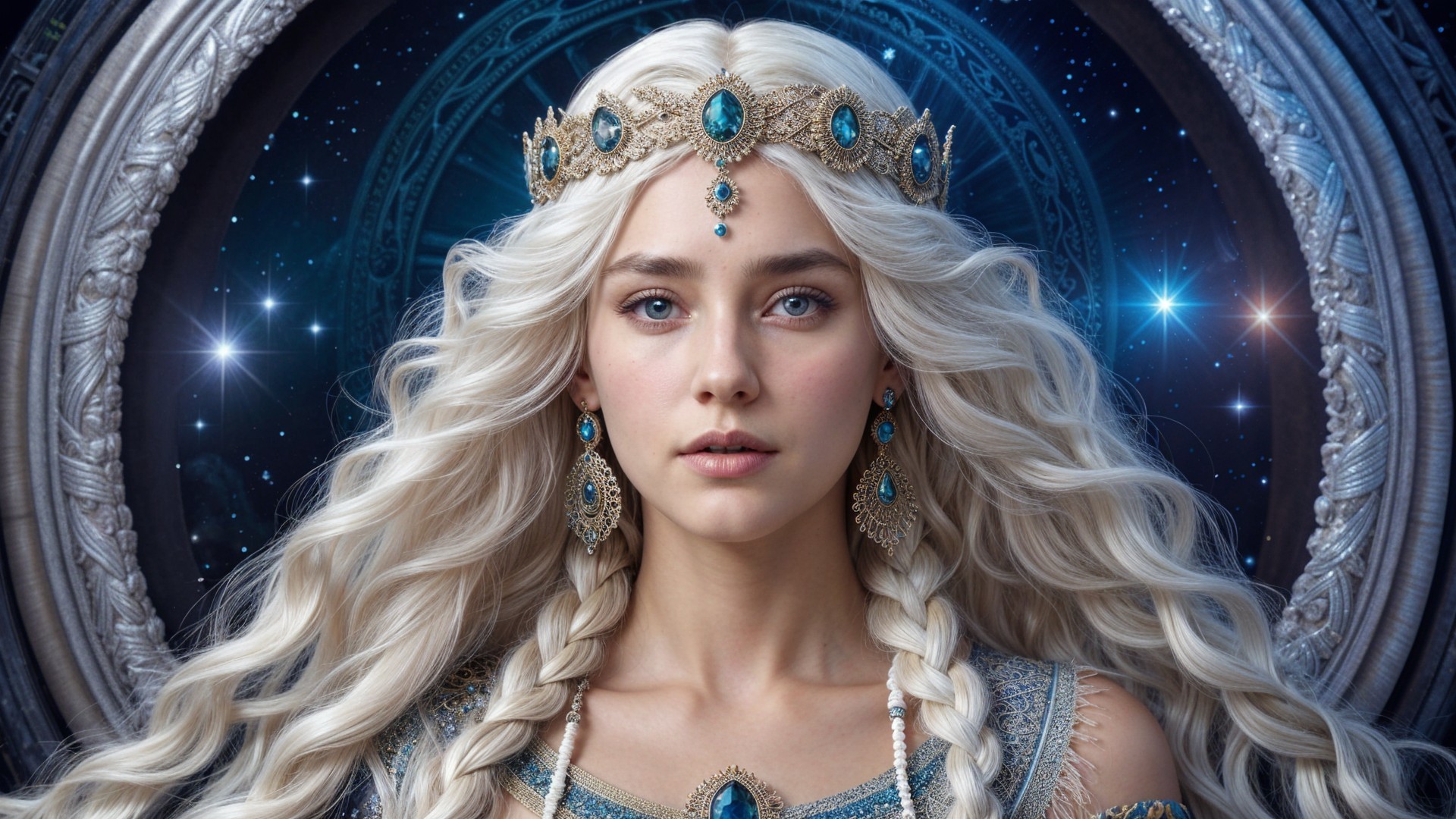 Young woman with silver-white hair in a regal gown