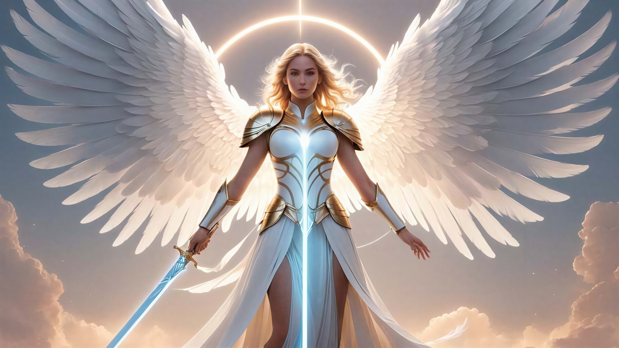 Majestic white angel with feathered wings in sky