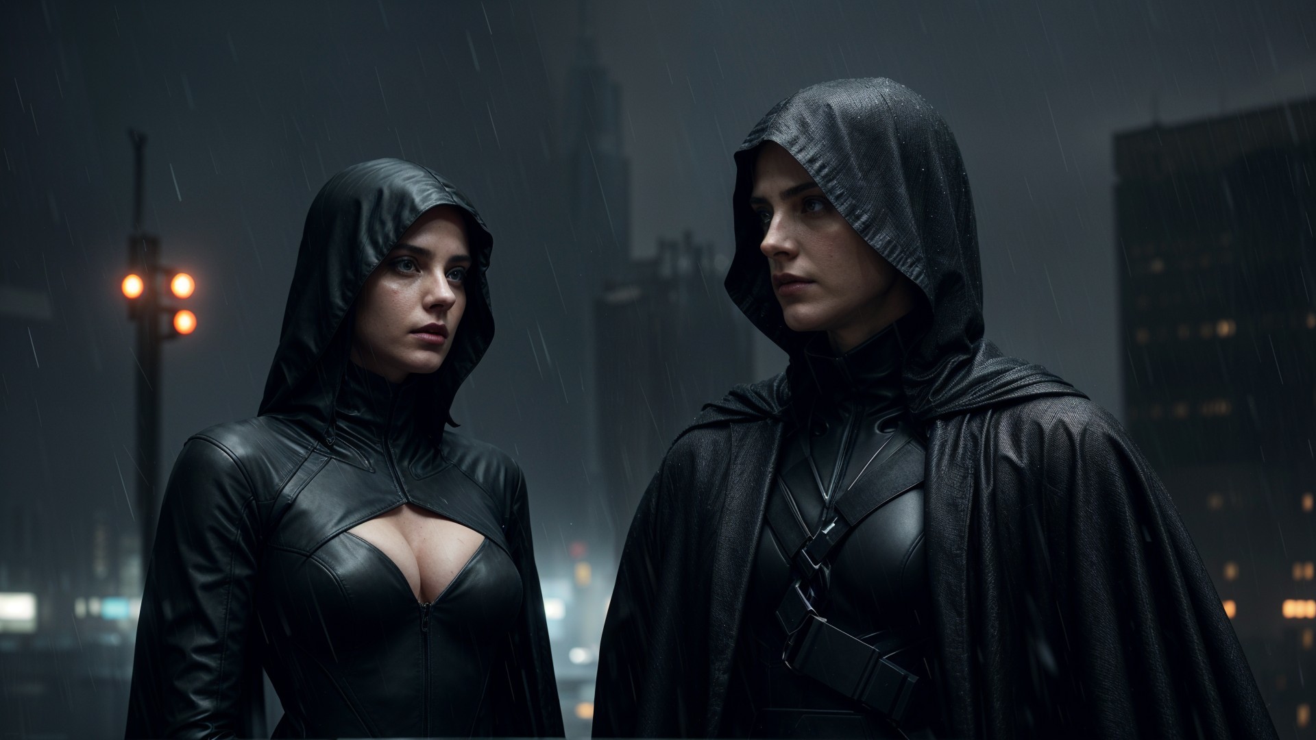 Mysterious Figures in Rainy Urban Setting