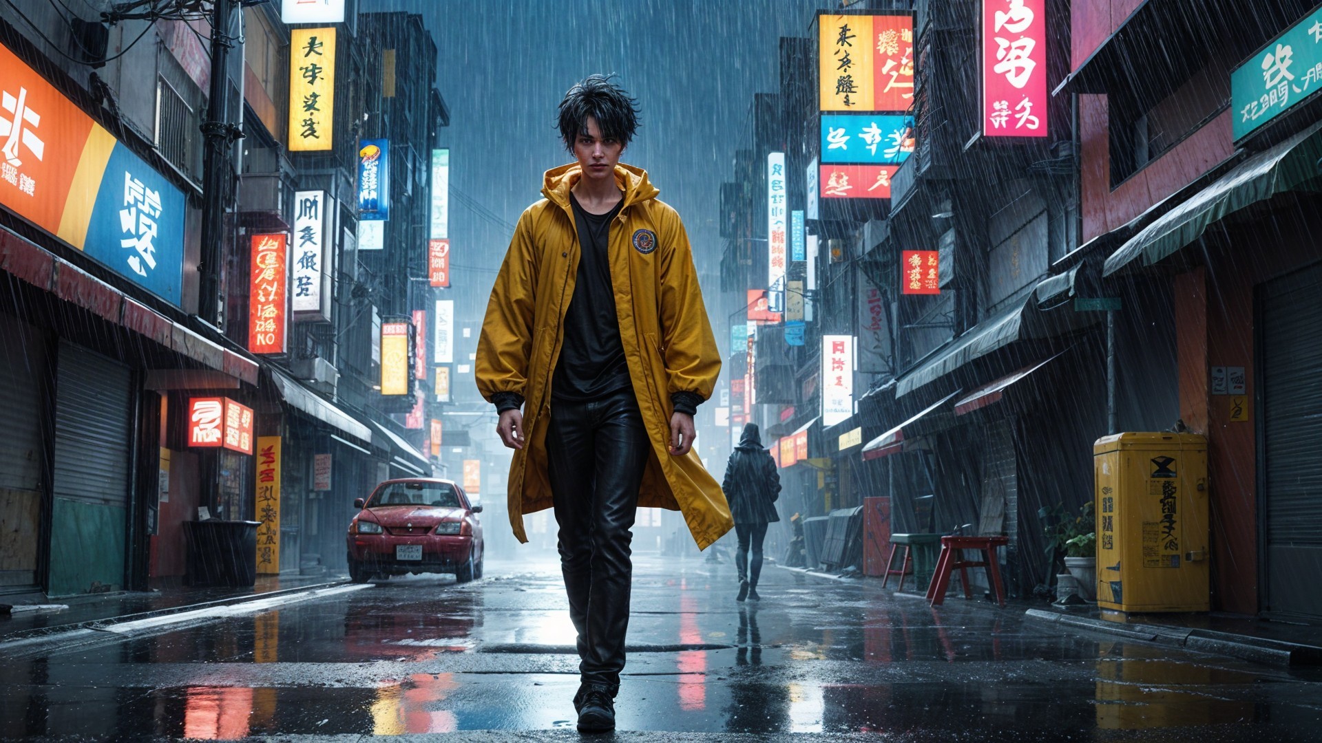 Lone Figure in Yellow Raincoat on Neon Street