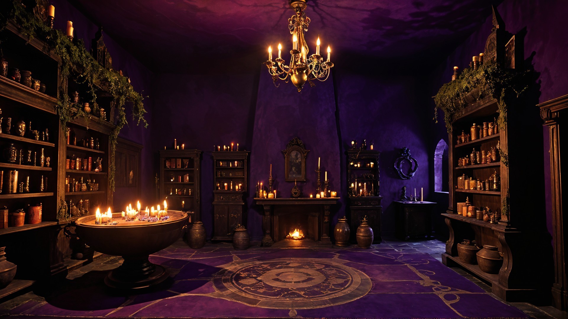 Mystical Room with Purple Hues and Candlelight
