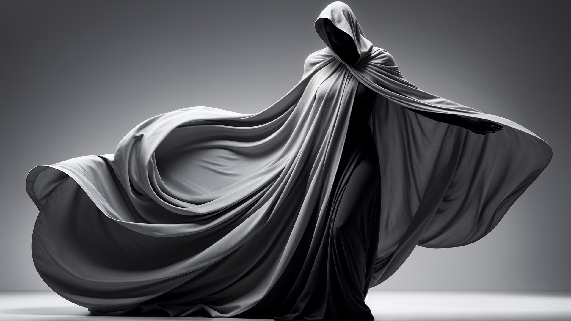 Elegant Figure in Draped Fabric with Monochrome Palette