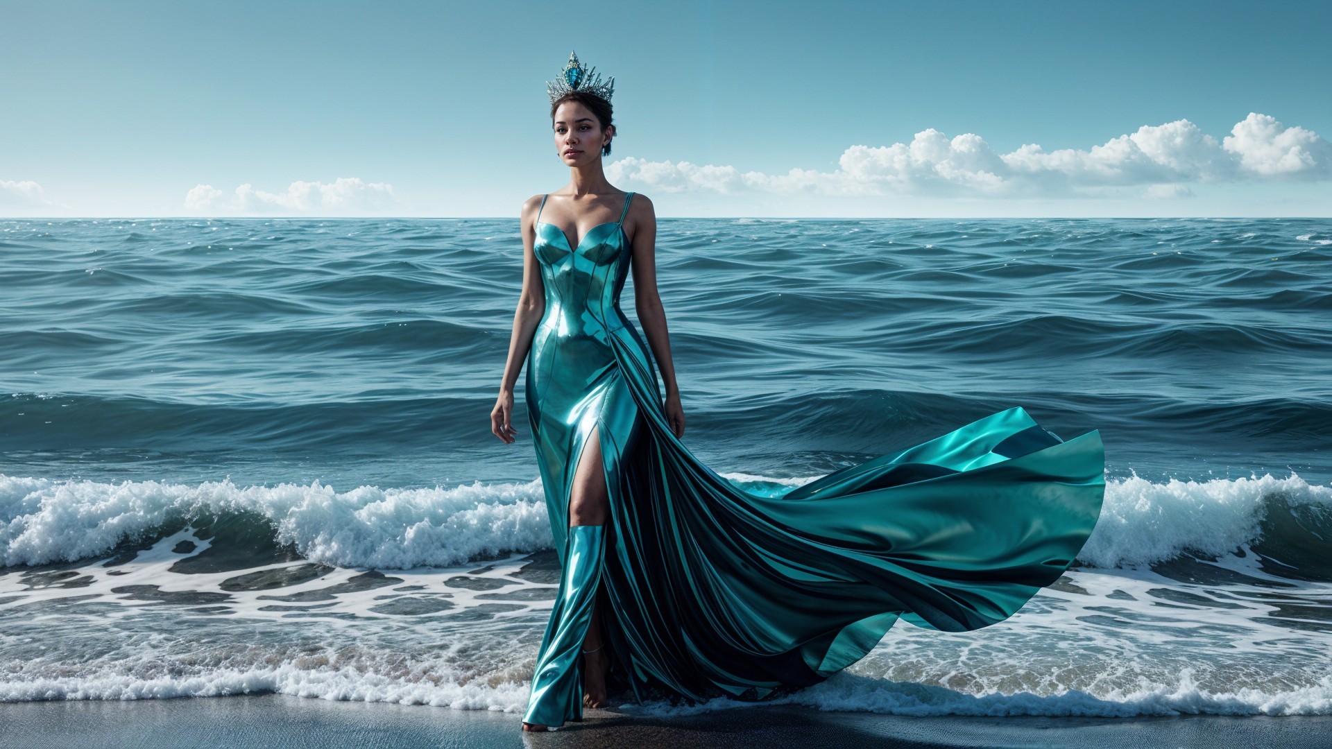 Elegant figure in teal gown at ocean shoreline