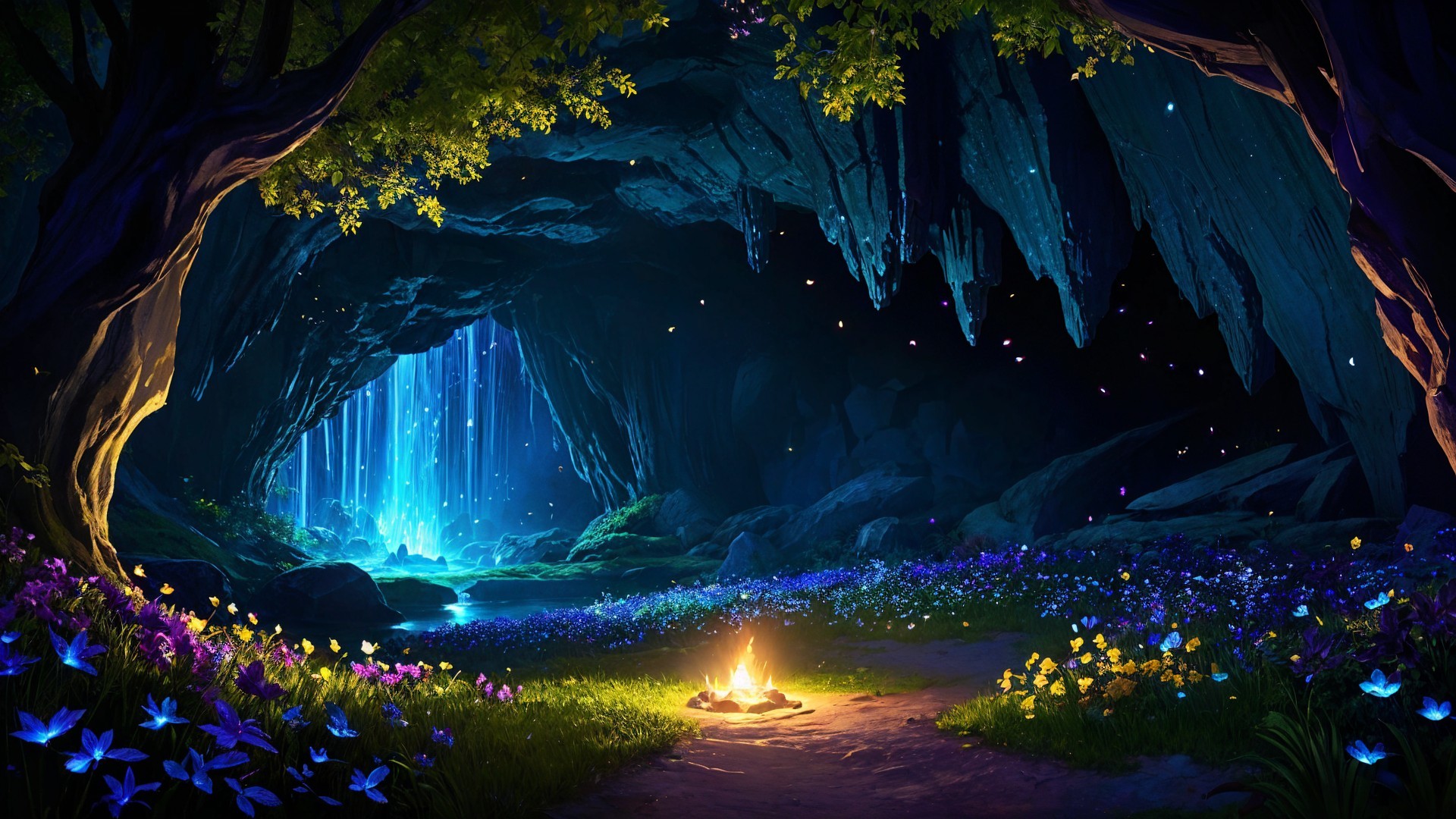 Mystical cave scene with blue light and flowers