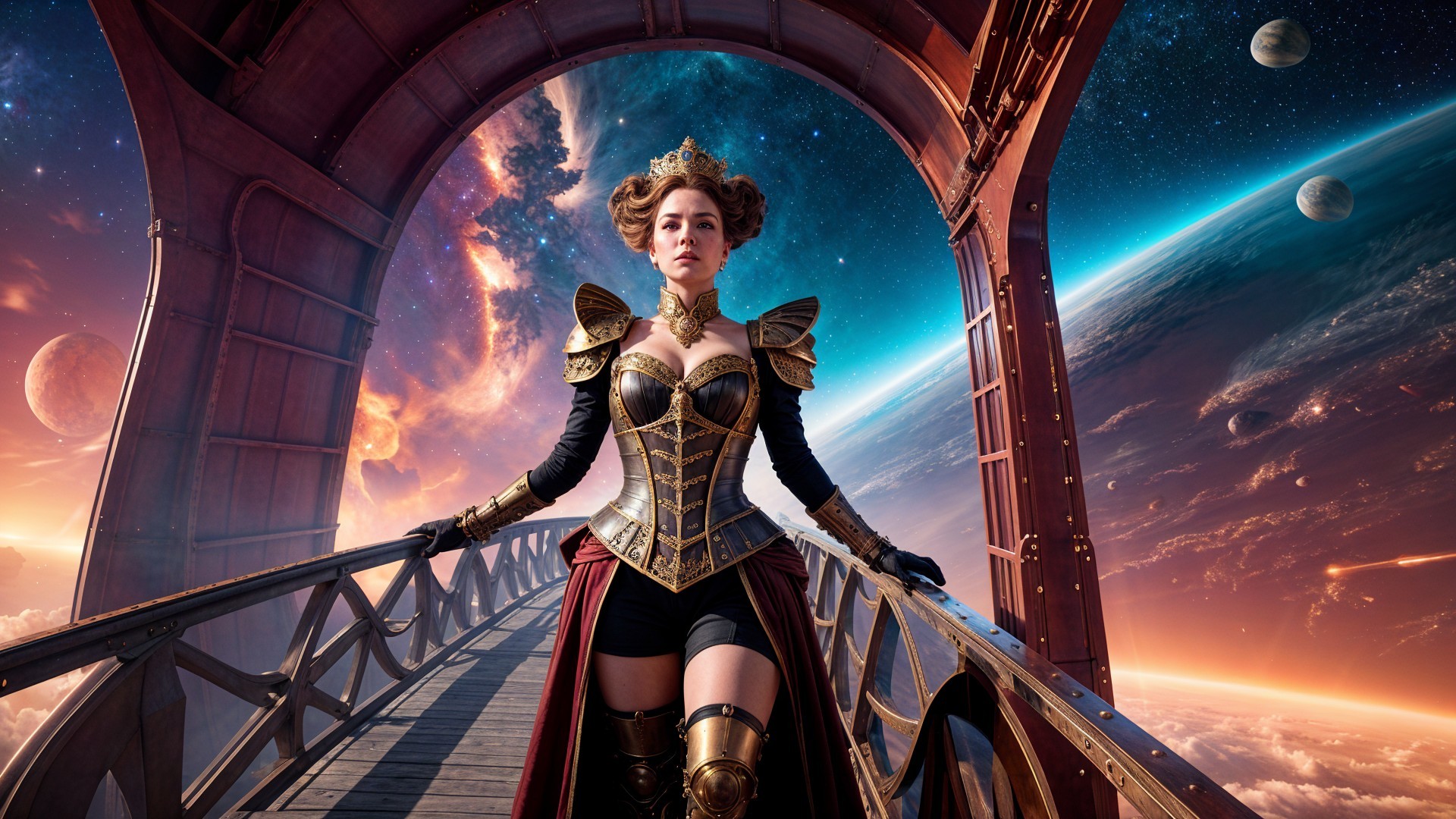Futuristic figure on a bridge with cosmic backdrop