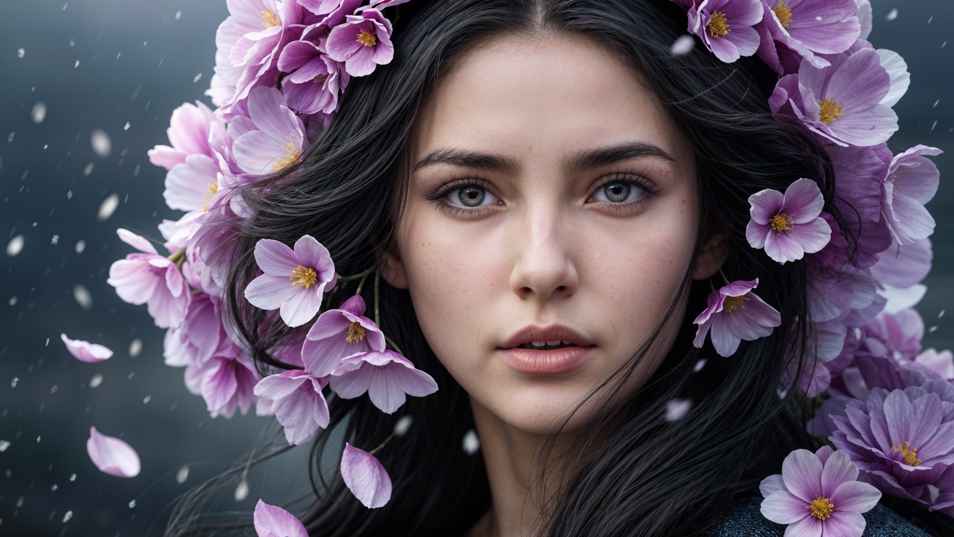 Young woman with blue eyes and floral crown portrait