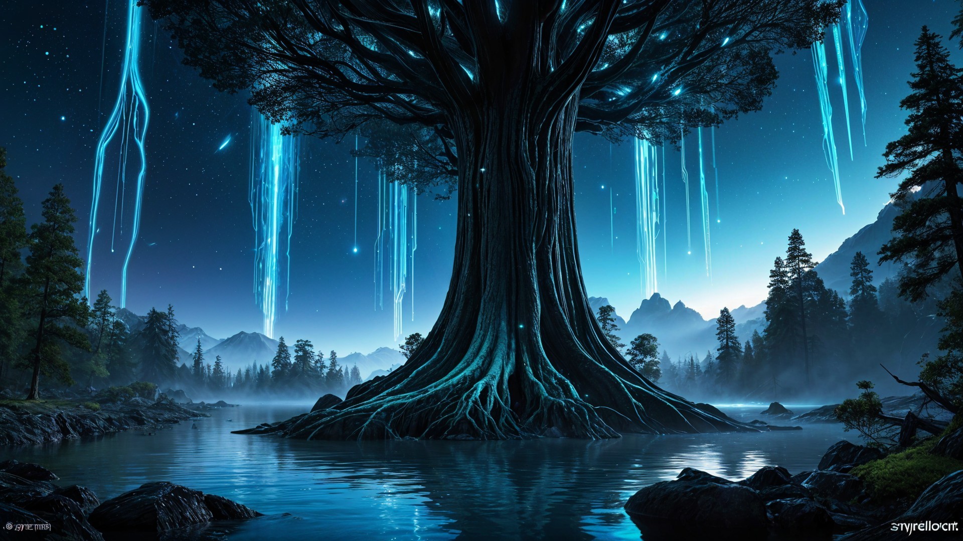 Majestic tree by serene lake with glowing patterns