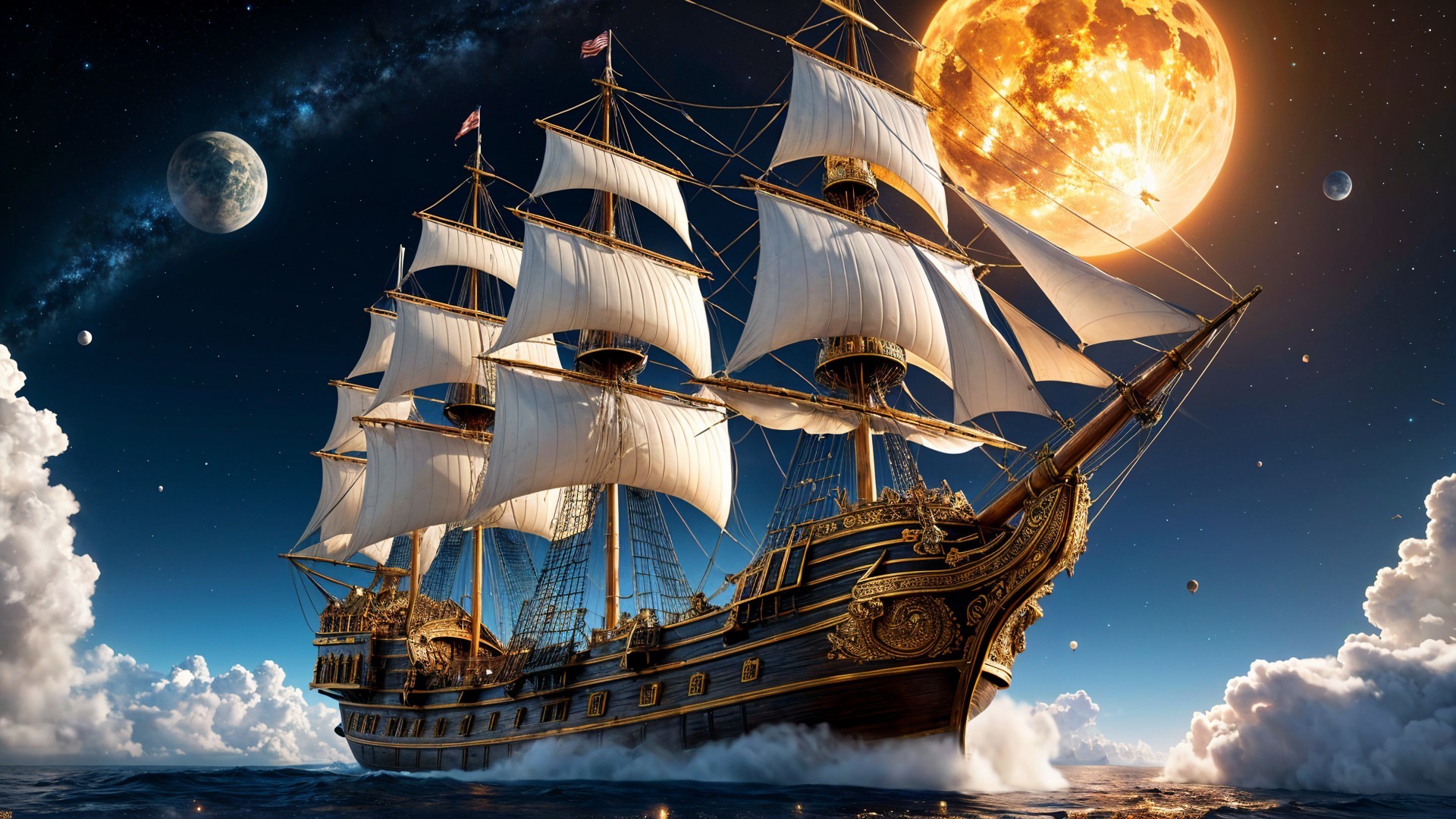 Majestic Pirate Ship in a Cosmic Sea Scene