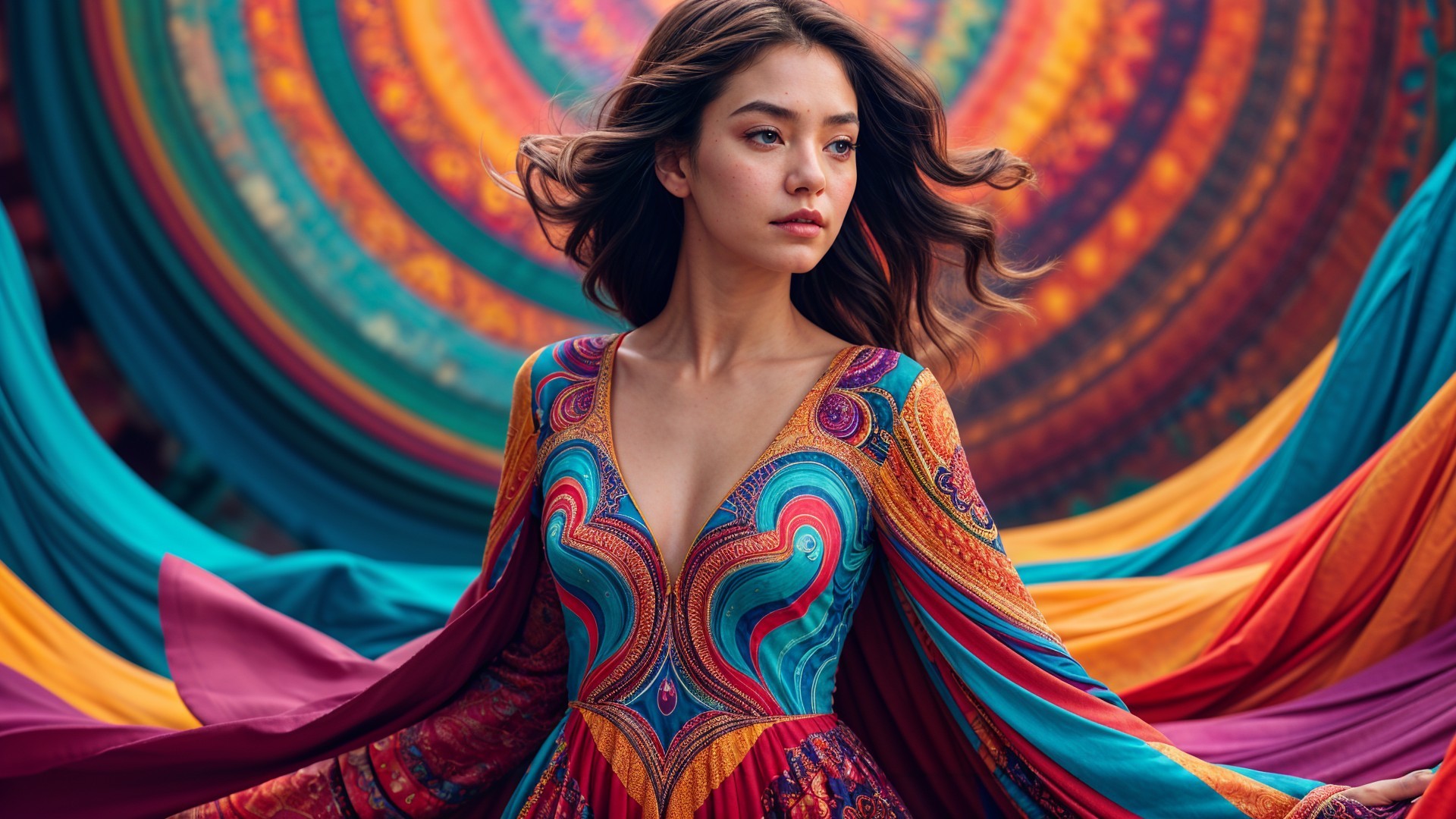 Young woman in vibrant patterned dress with dynamic backdrop