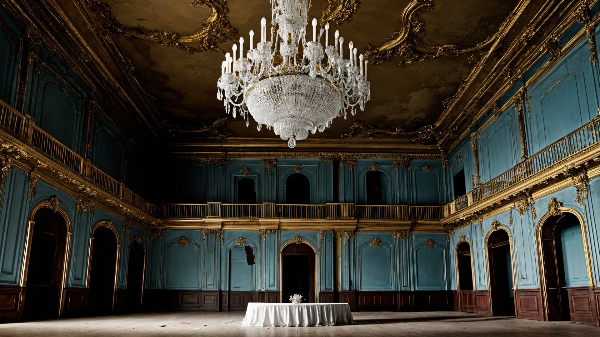 Opulent Grand Room with Blue Walls and Chandelier