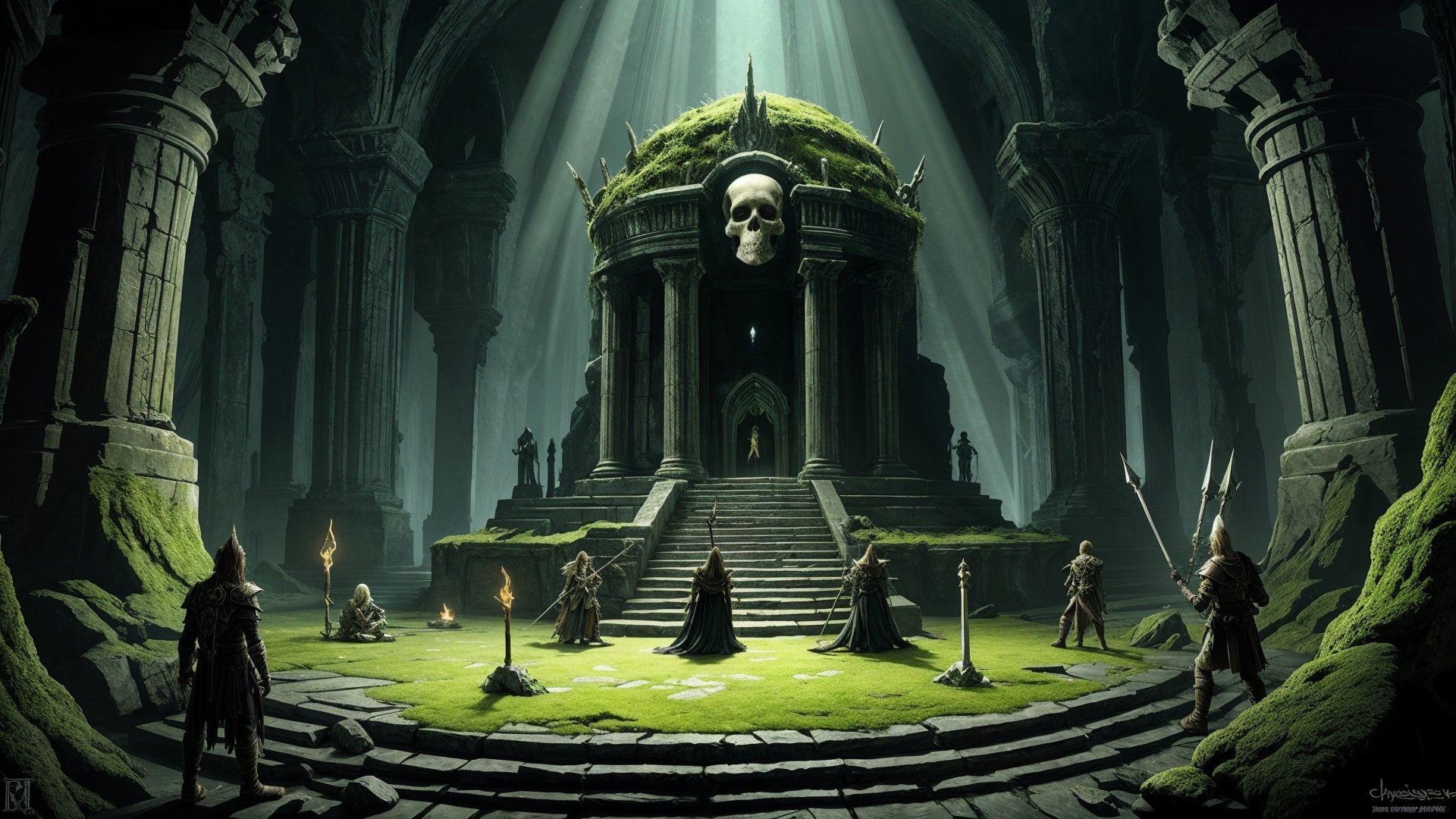 Underground Chamber with Ancient Temple and Shadows