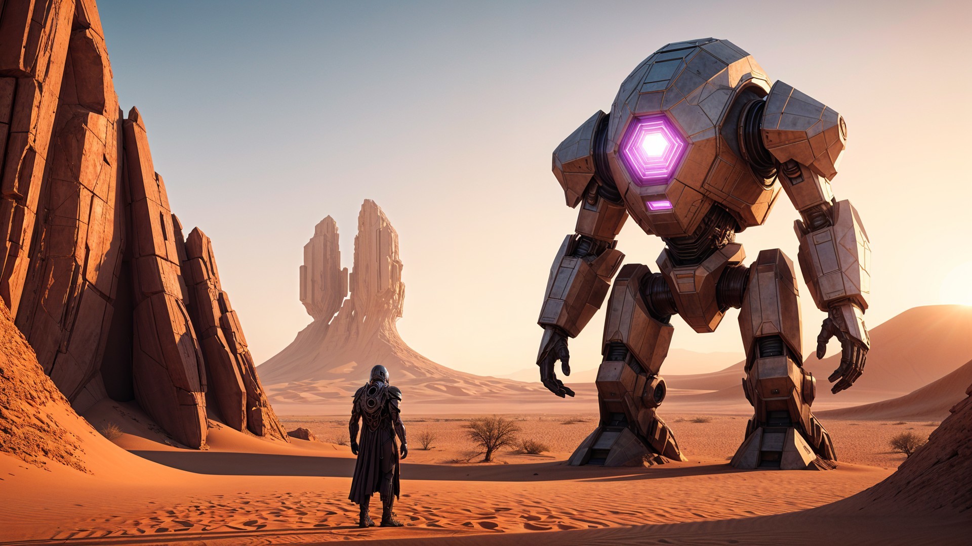 Desert Landscape with Futuristic Robot at Sunset