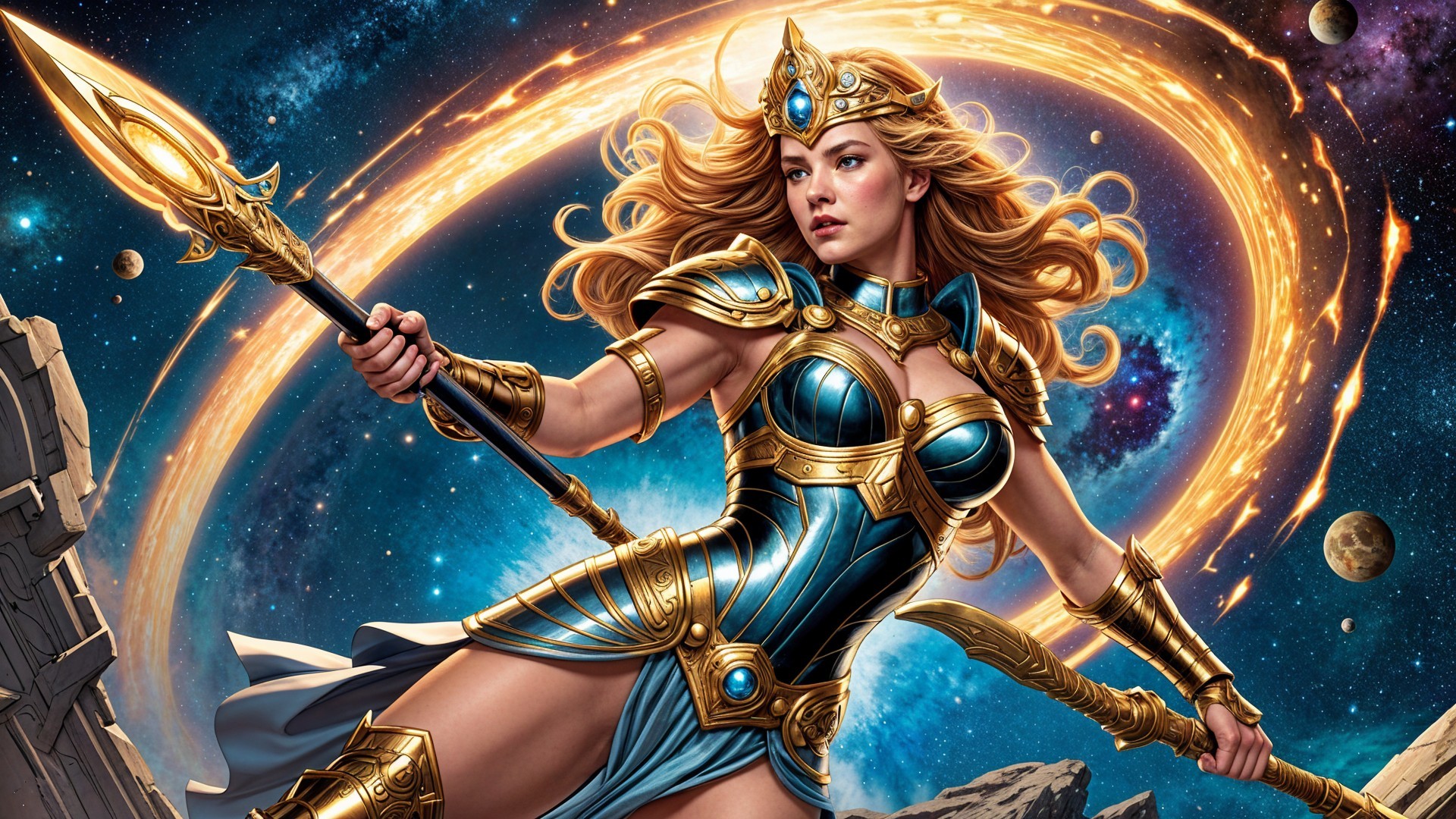 Warrior in Armor with Cosmic Backdrop and Spear