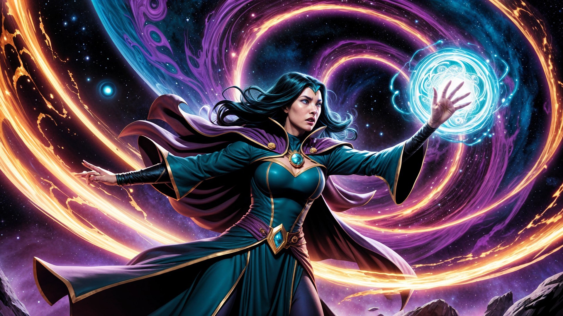 Powerful Sorceress in Cosmic Setting with Magic Orb