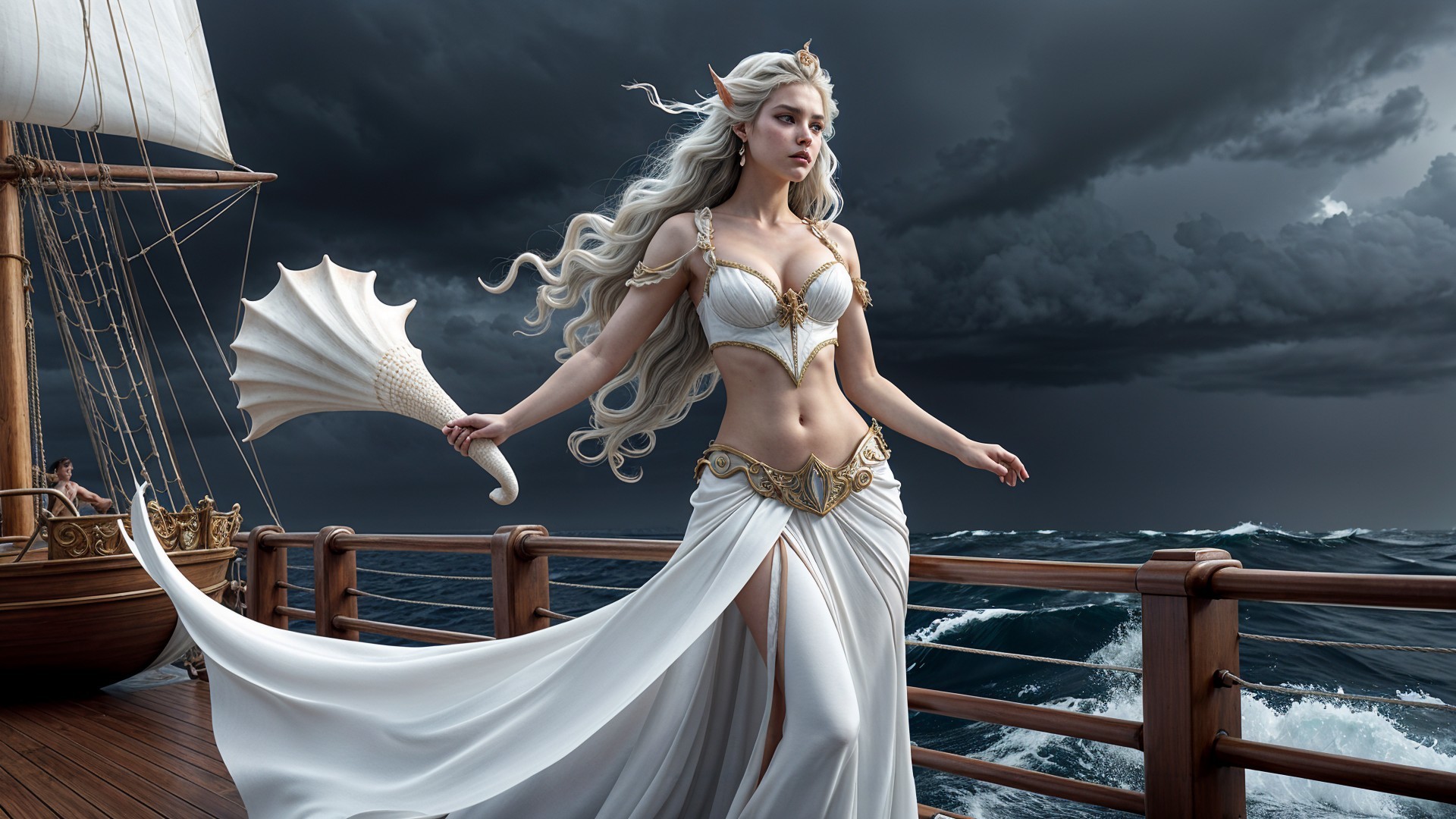 Regal figure on ornate ship amid stormy seas