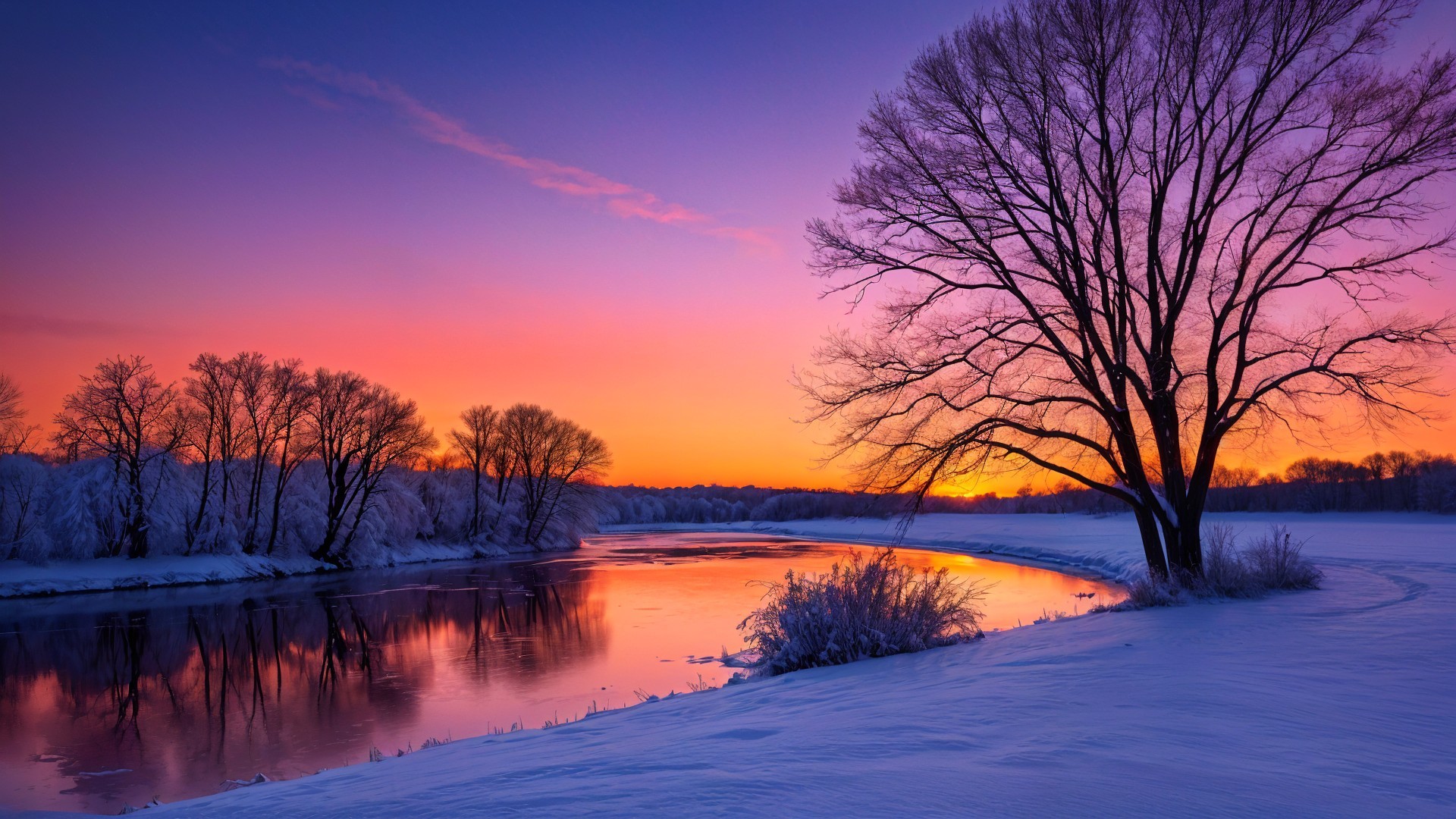 Serene Winter Landscape with Colorful Sunset Reflections