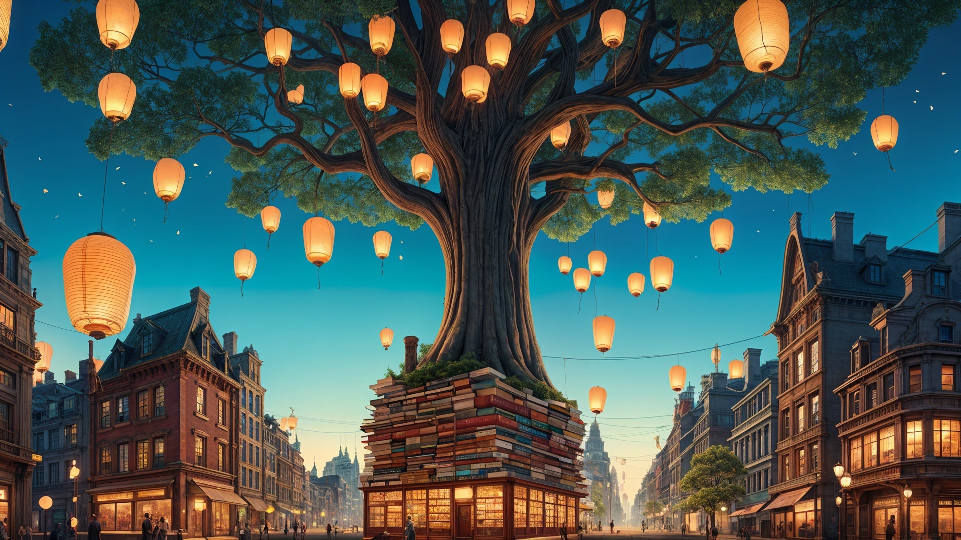 Lush Tree with Lanterns and Colorful Books at Dusk