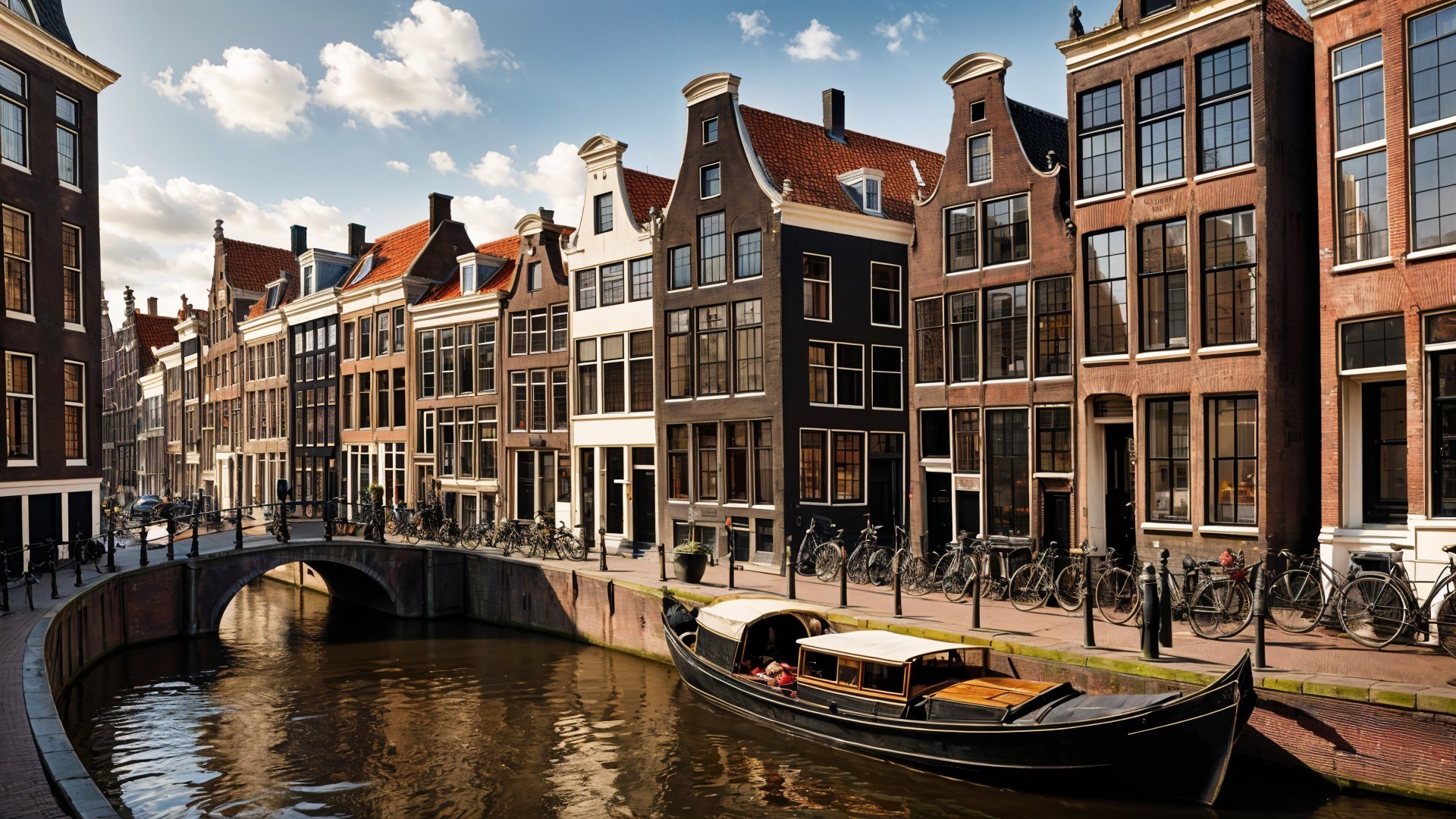 Picturesque canal with historic Dutch buildings and boats