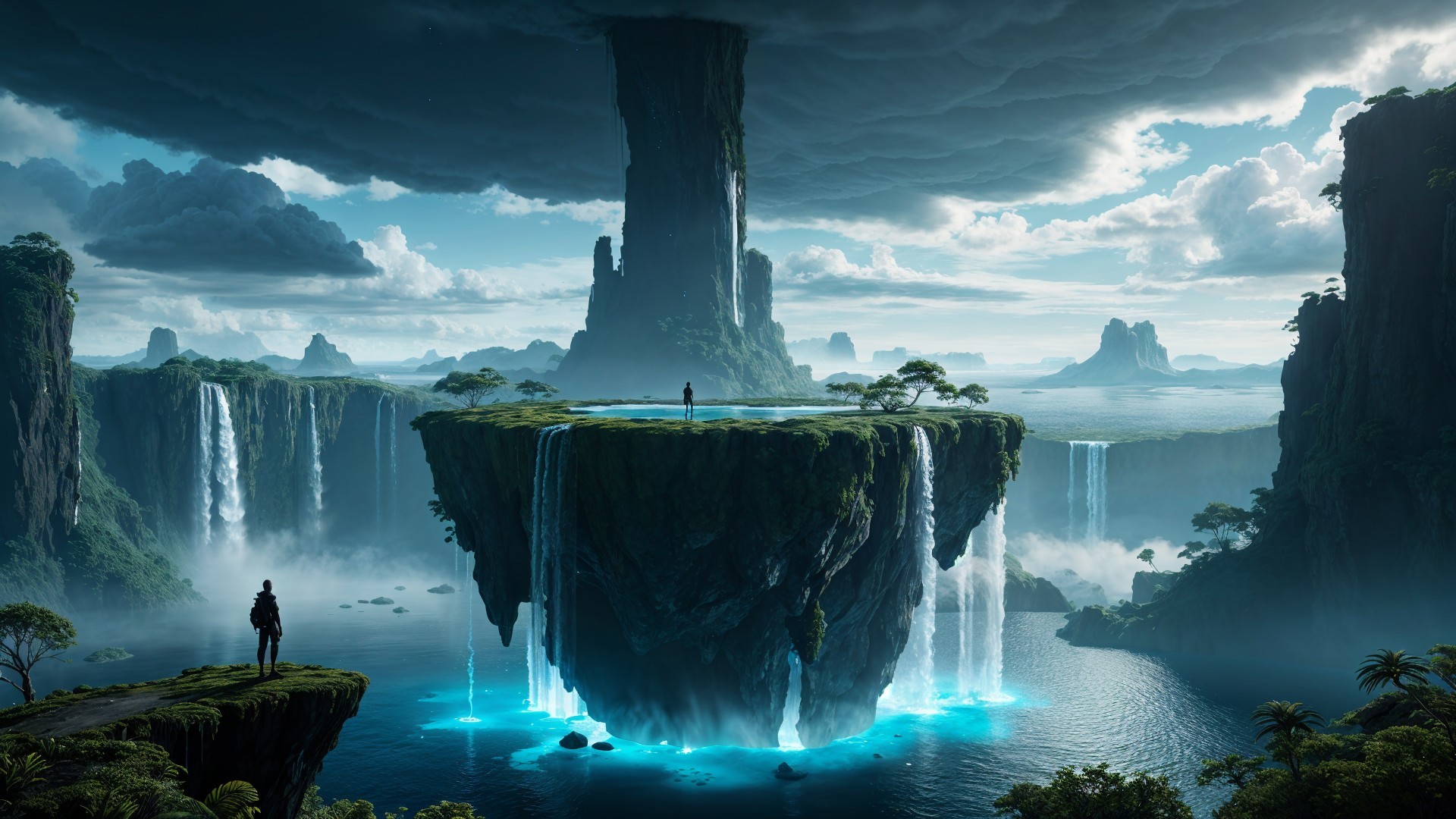 Towering Rock Formation on Floating Island with Waterfalls