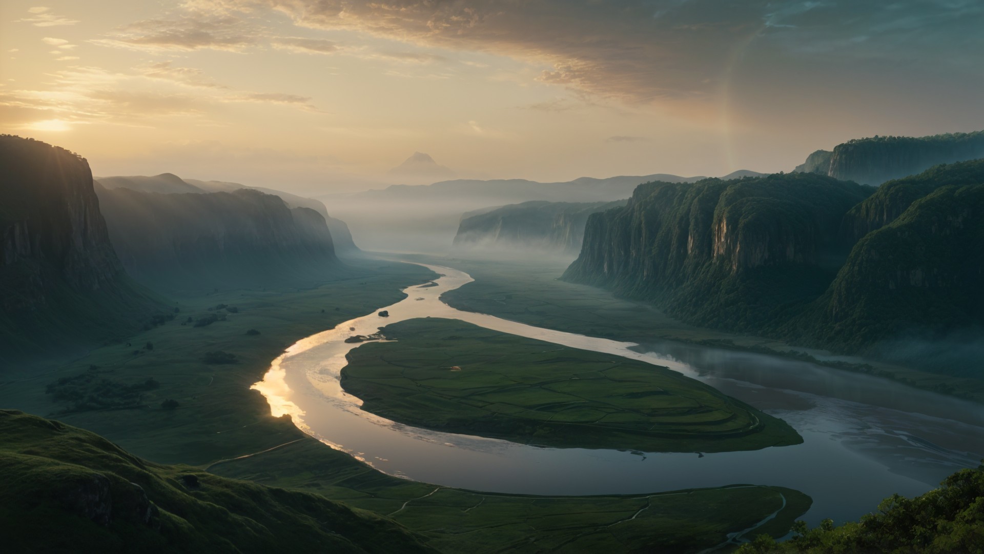 Serene landscape with winding river and misty cliffs