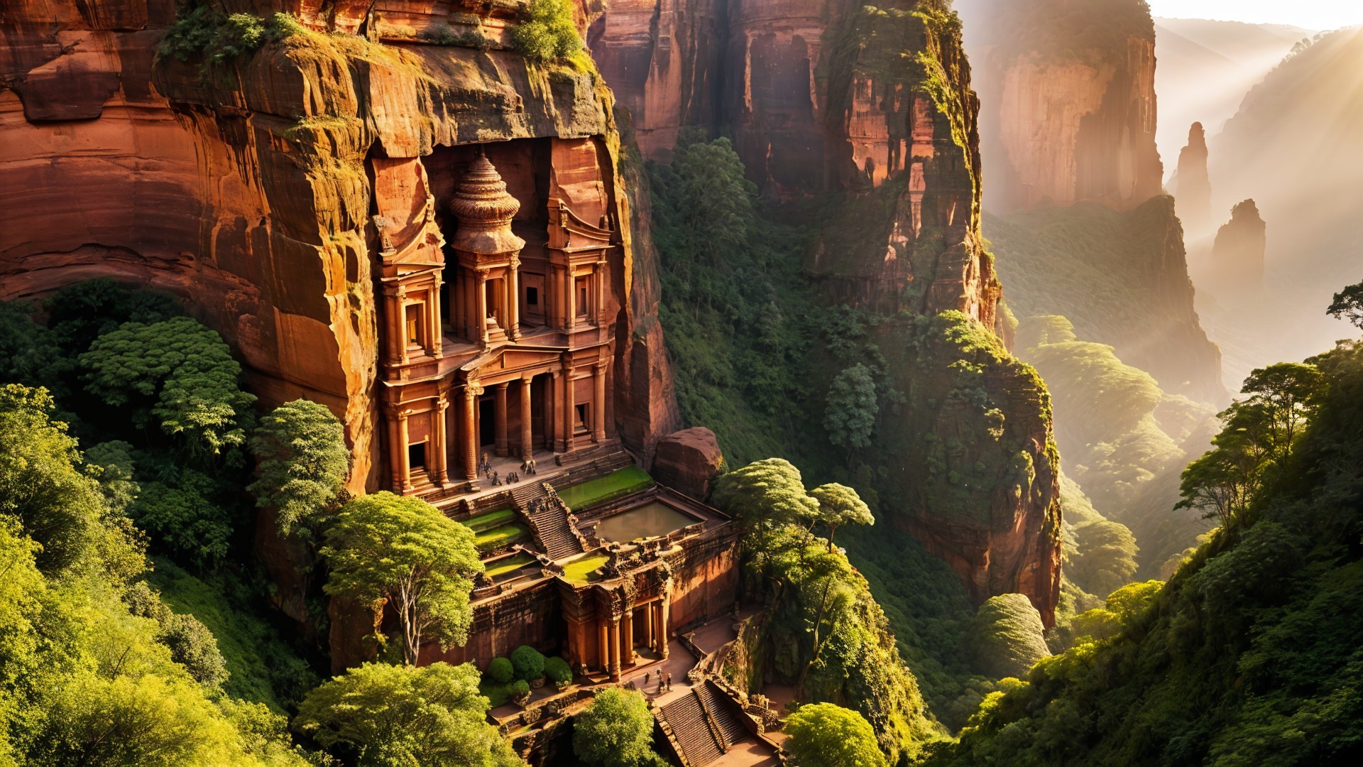 Ancient Temple Carved in Rock Surrounded by Nature