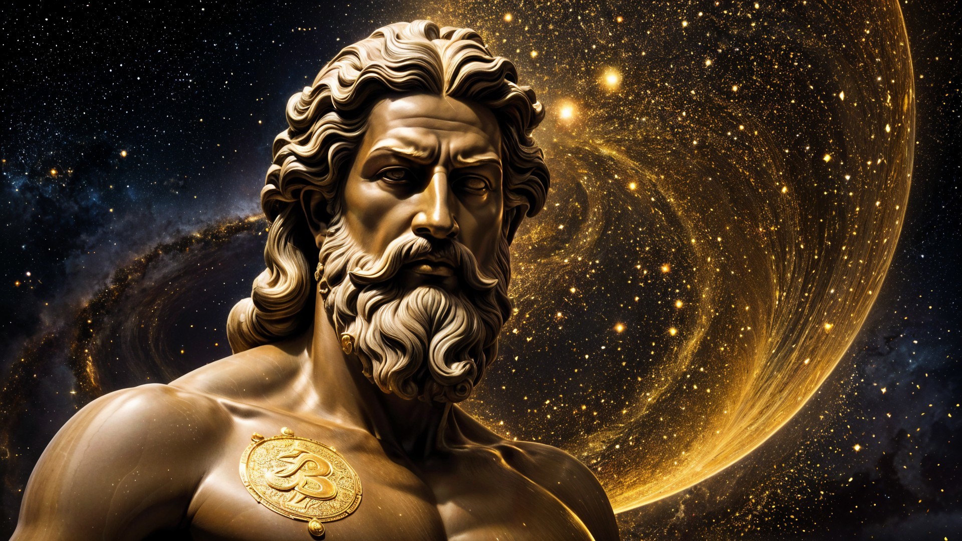 Majestic statue of a powerful figure in cosmic setting