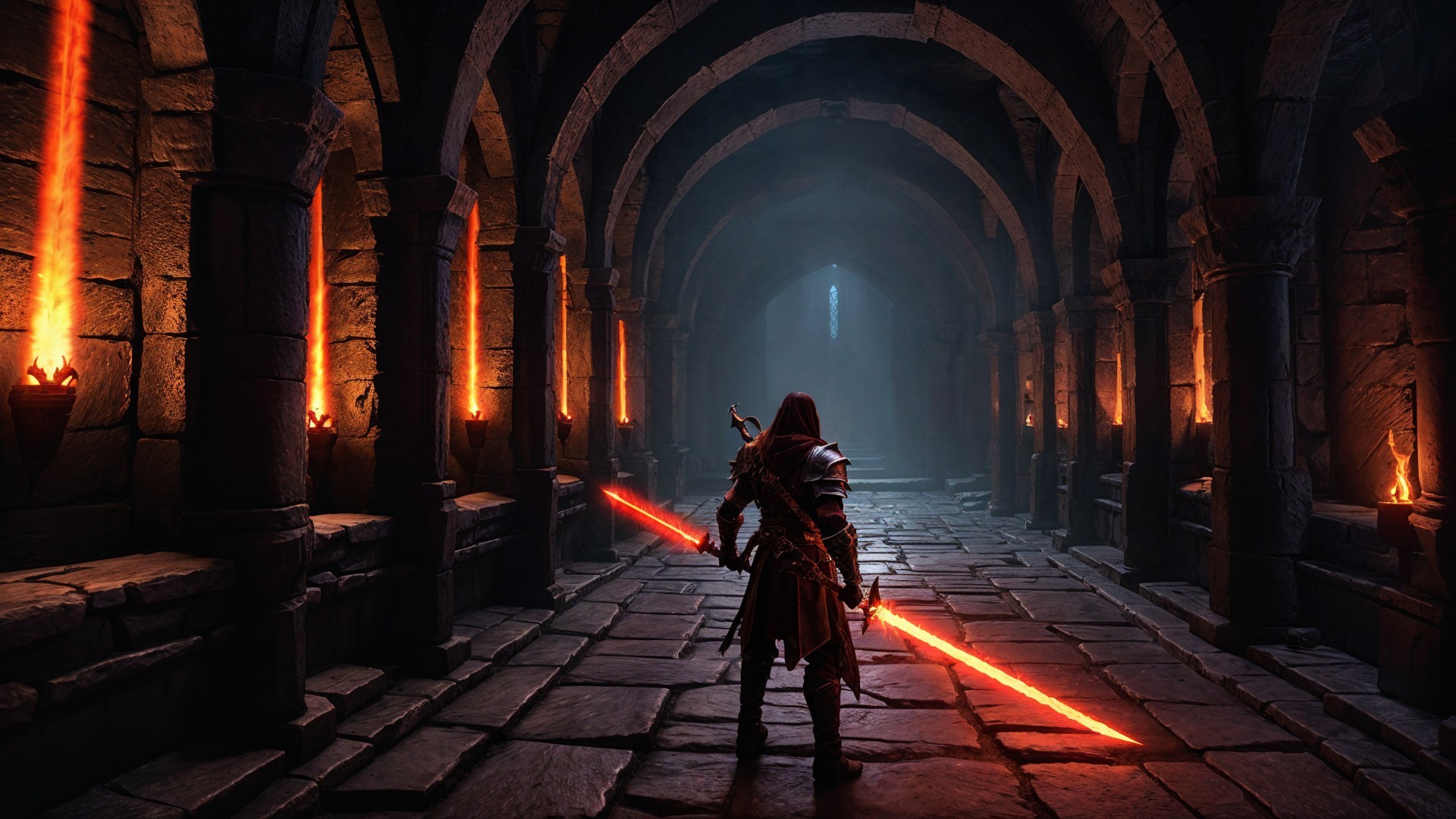 Cloaked Figure with Red Sword in Ancient Corridor