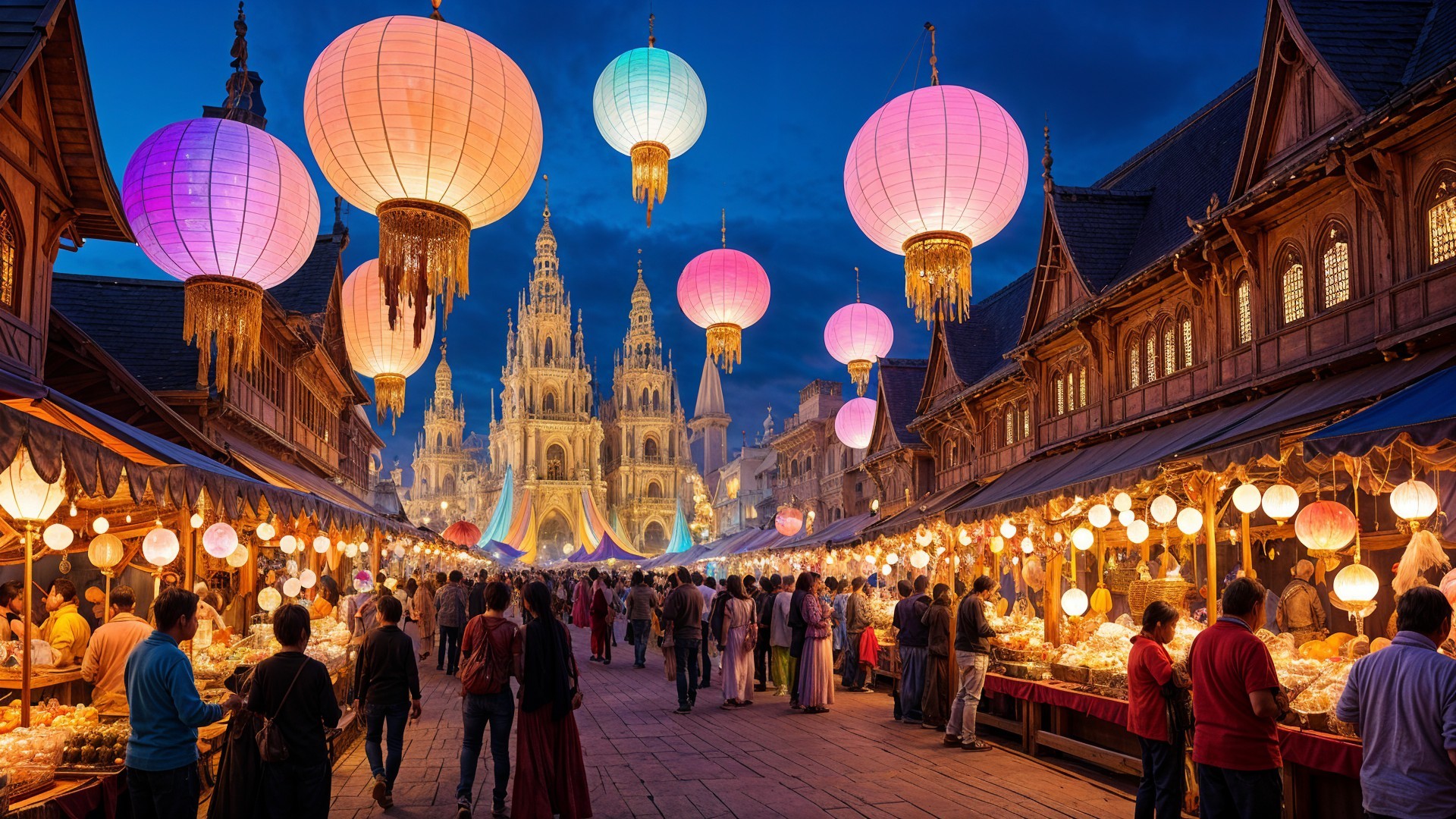 Vibrant Night Market with Colorful Lanterns and Stalls