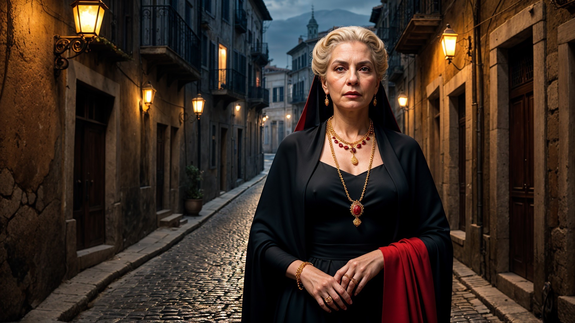 Elegant Woman in Black Gown on Cobblestone Street