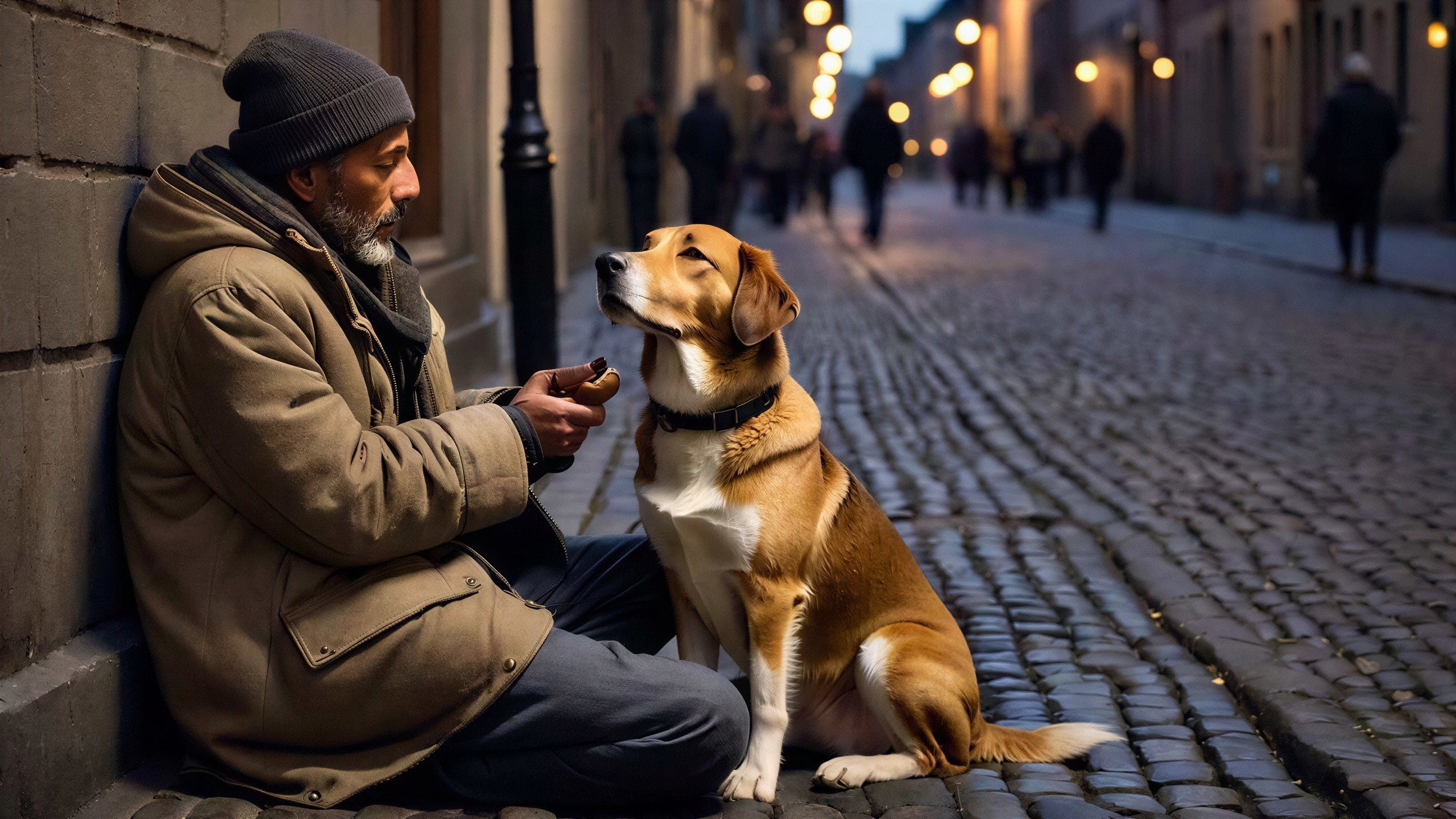 Outdoor Scene of a Man with Dog by a Dark Wall