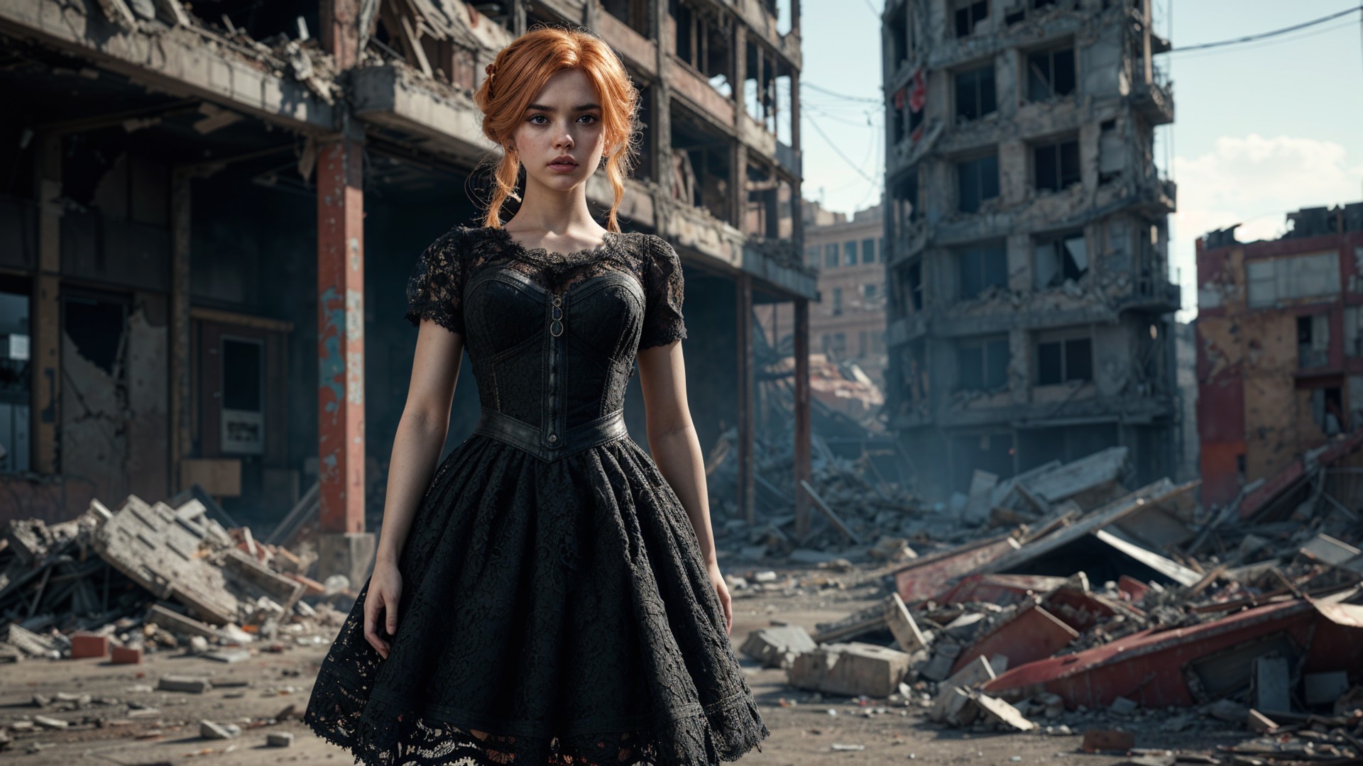 Young woman in black lace dress amid urban ruins