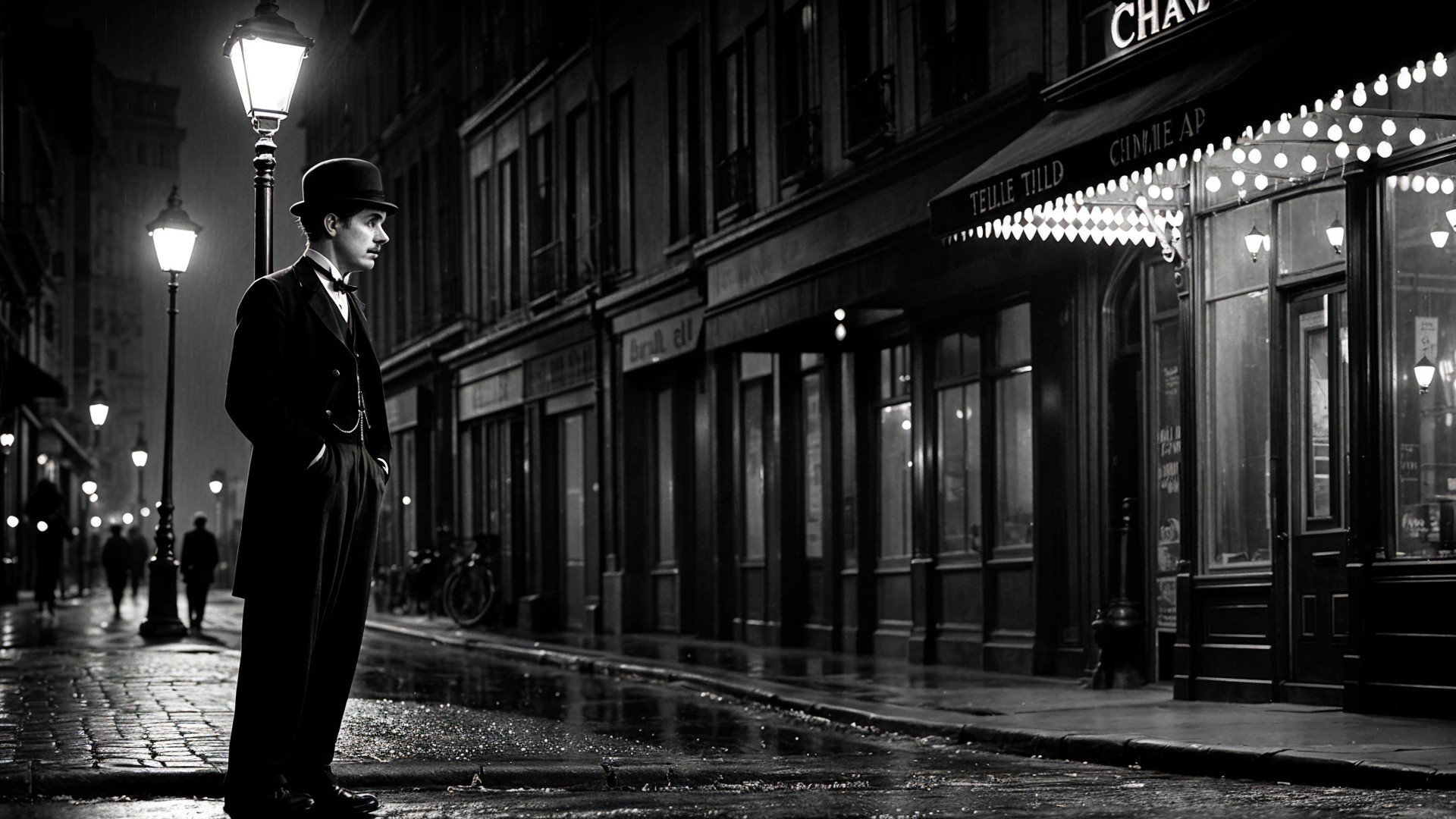 Lone Figure in Tuxedo on Rainy Cobblestone Street