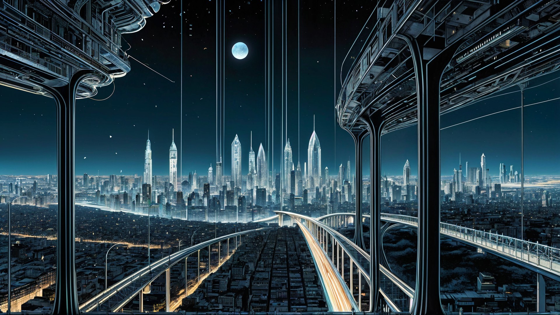 Futuristic Night Cityscape with Illuminated Skyscrapers