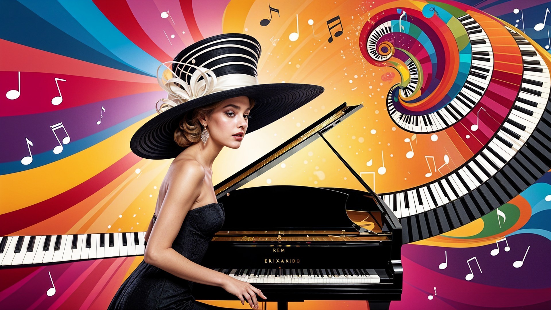 Elegant Woman in Black Hat Beside Grand Piano