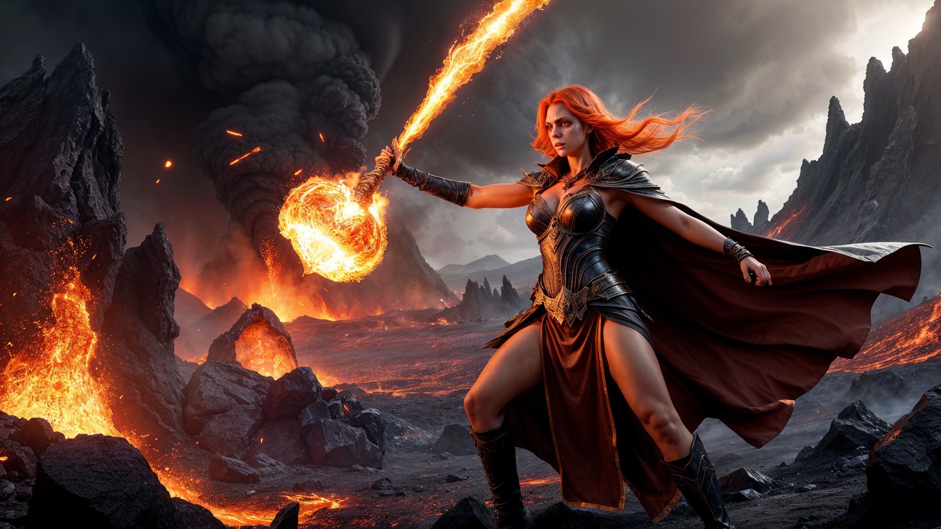 Warrior in Volcanic Landscape with Fiery Weapon