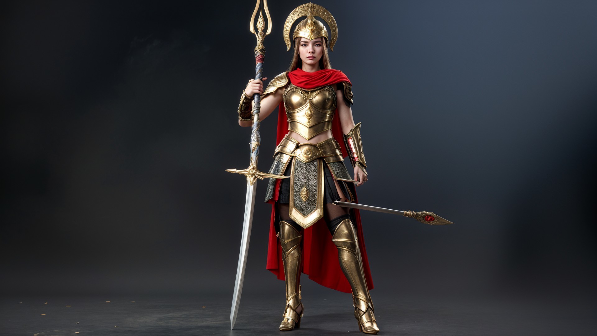 Warrior in Golden Armor with Spear and Sword