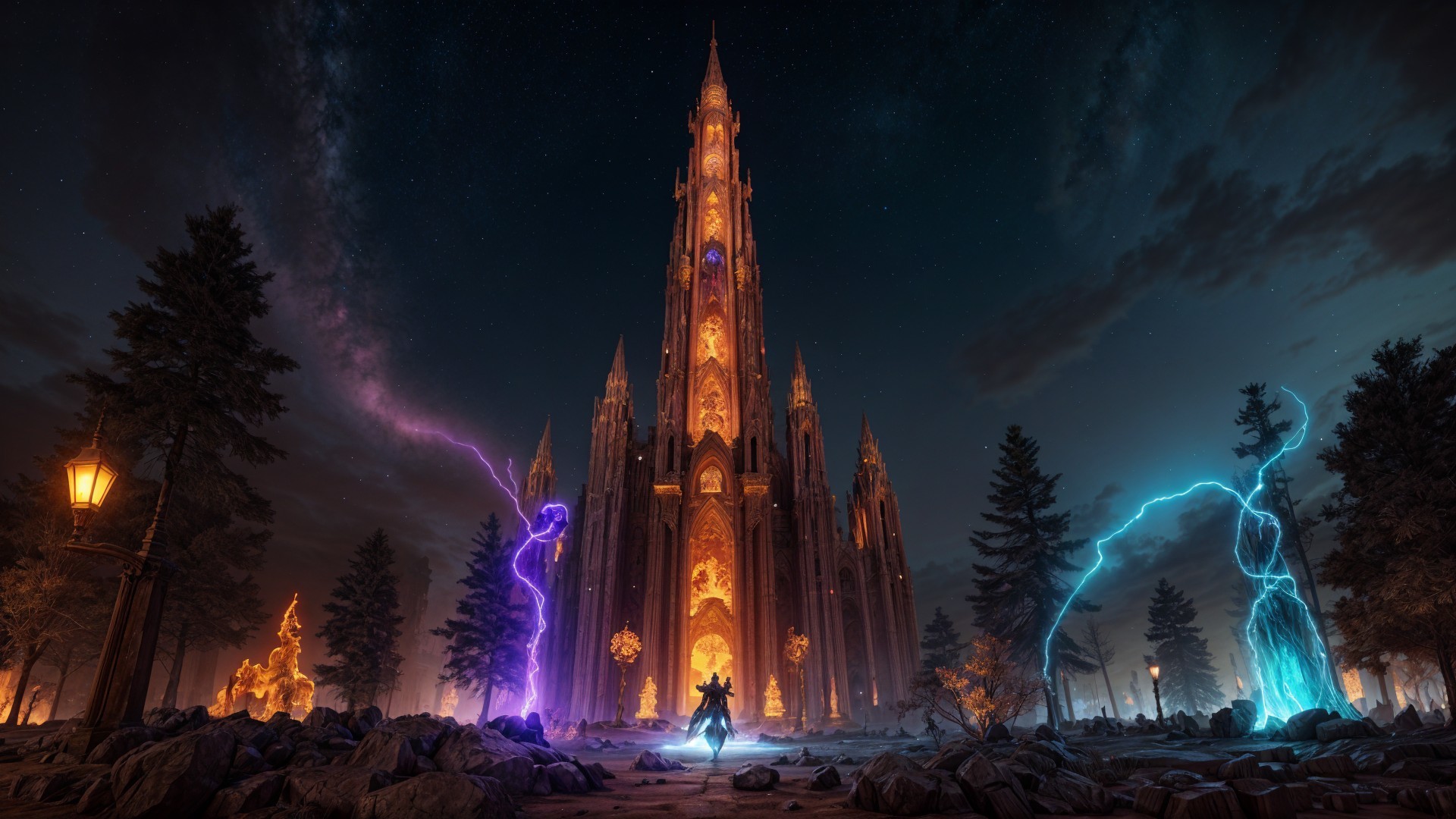 Gothic Cathedral Under Starry Night with Lightning