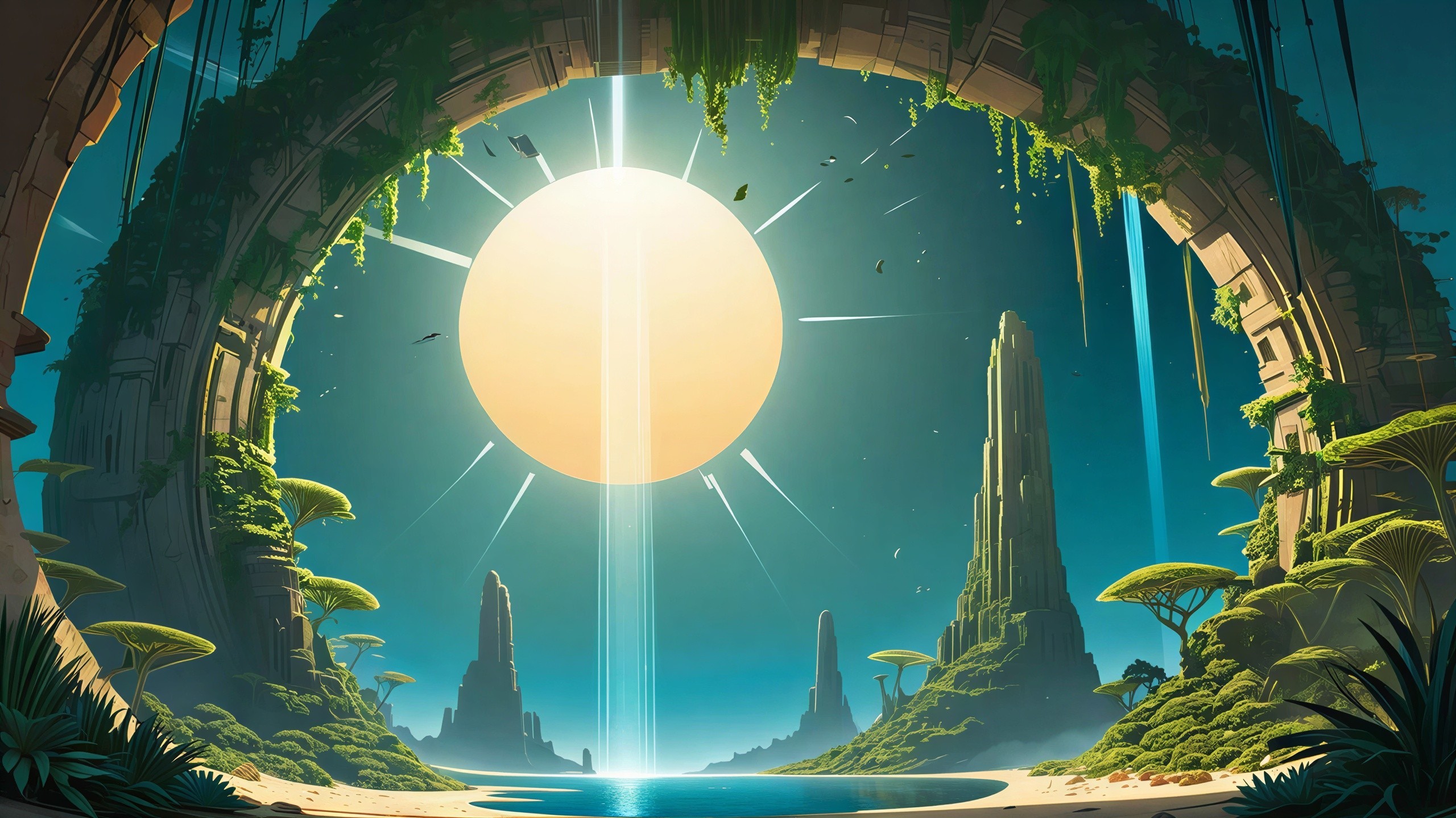 Vibrant Landscape with Ancient Ruin and Sunlit Waters