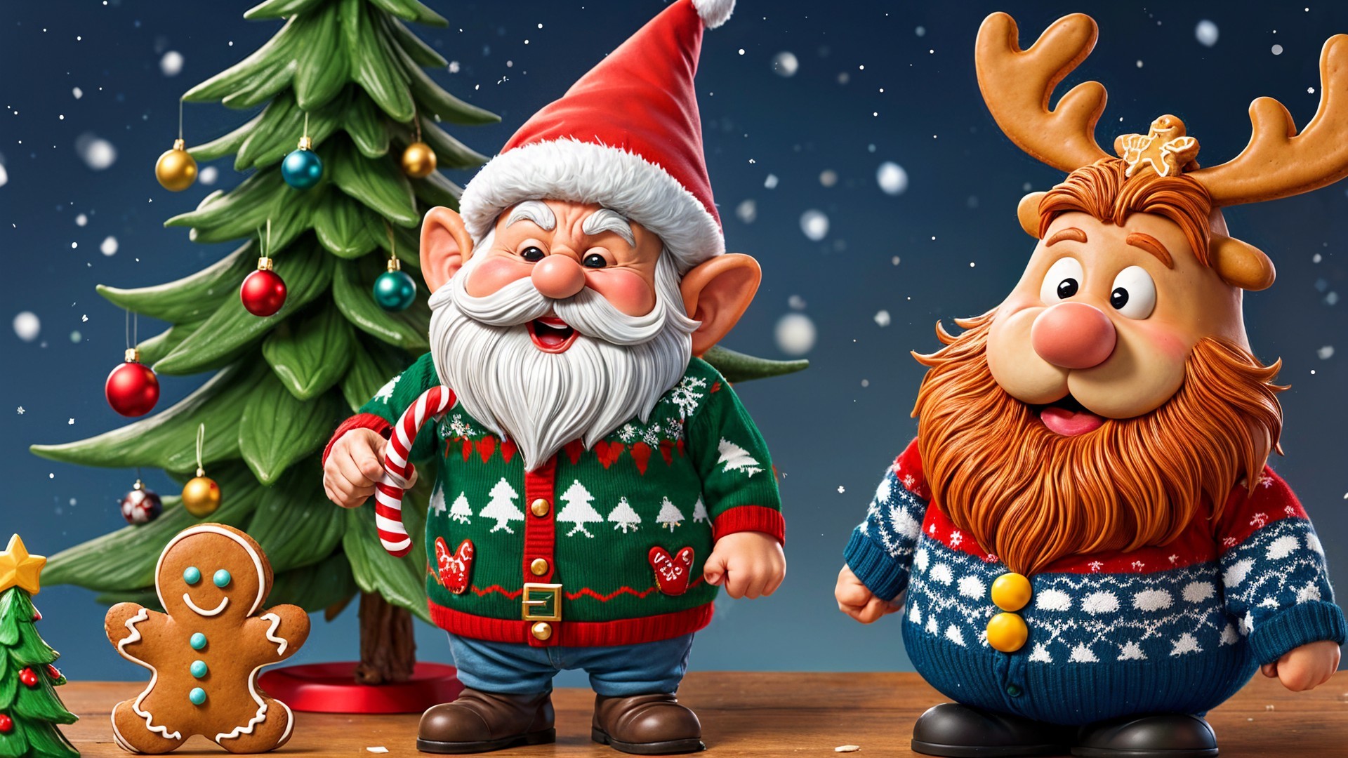 Cheerful Santa and Reindeer by a Festive Christmas Tree