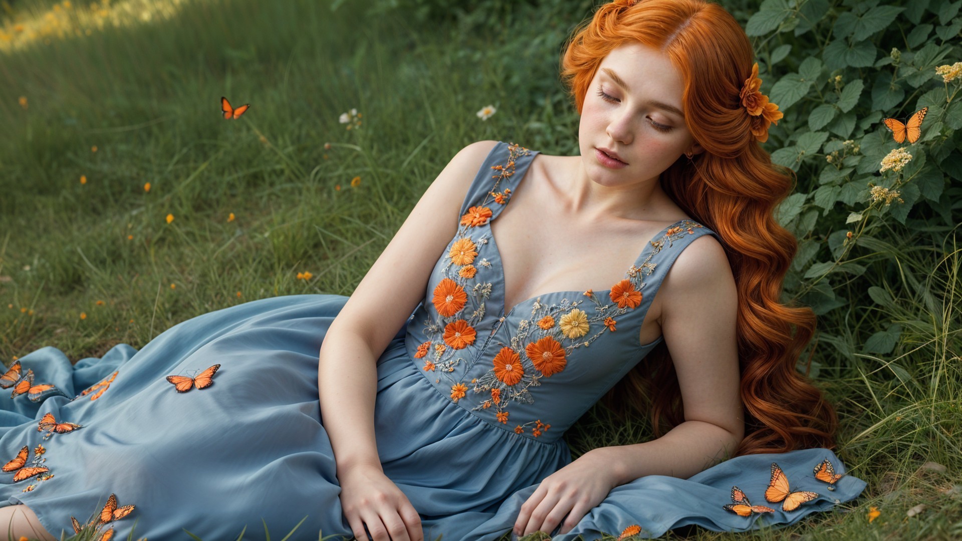 Young woman in blue dress resting in grassy field