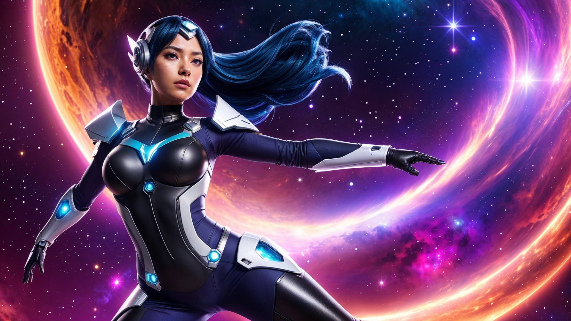 Futuristic Armored Female Character in Cosmic Setting