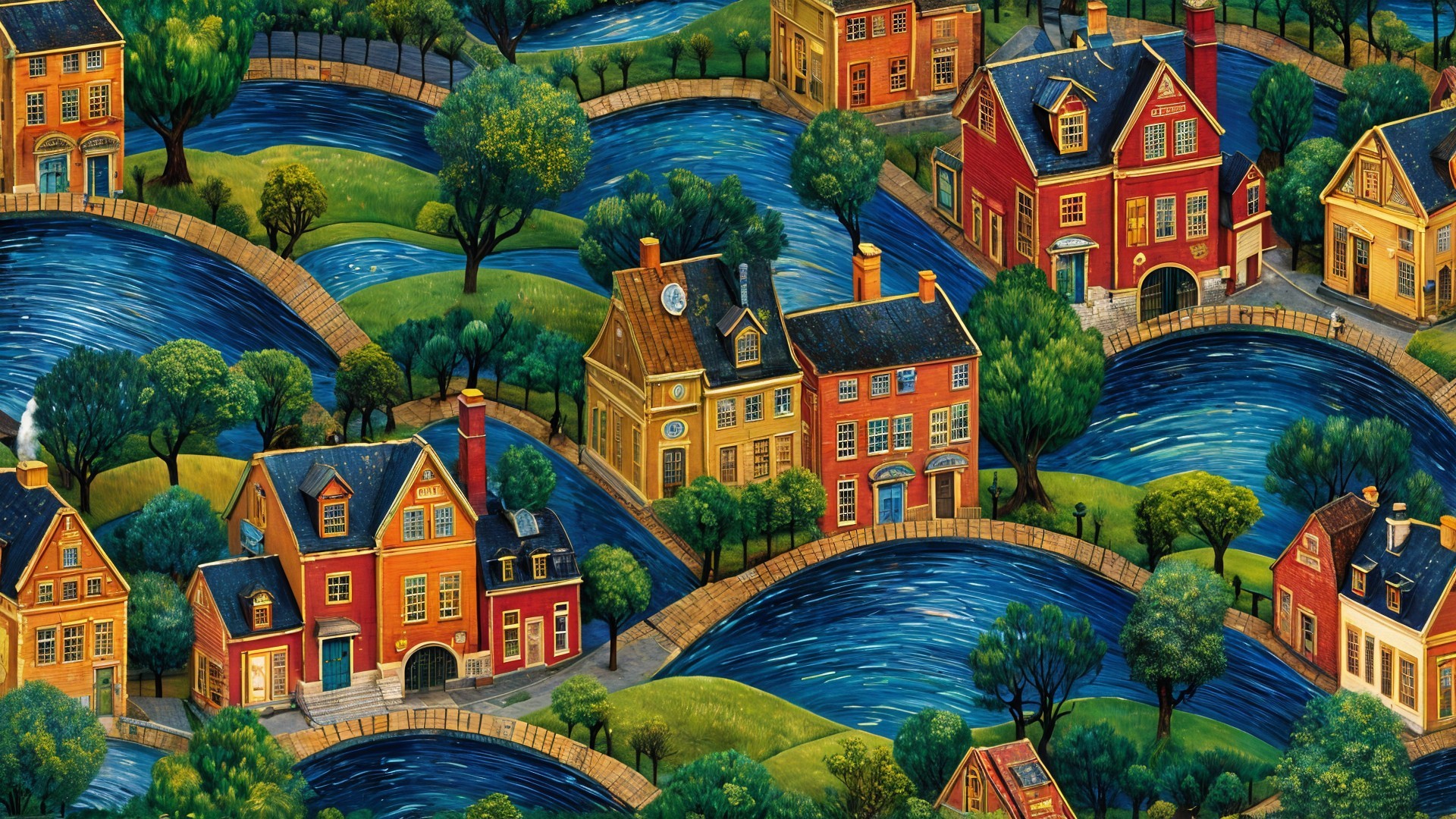Whimsical Landscape with Colorful Houses and Rivers