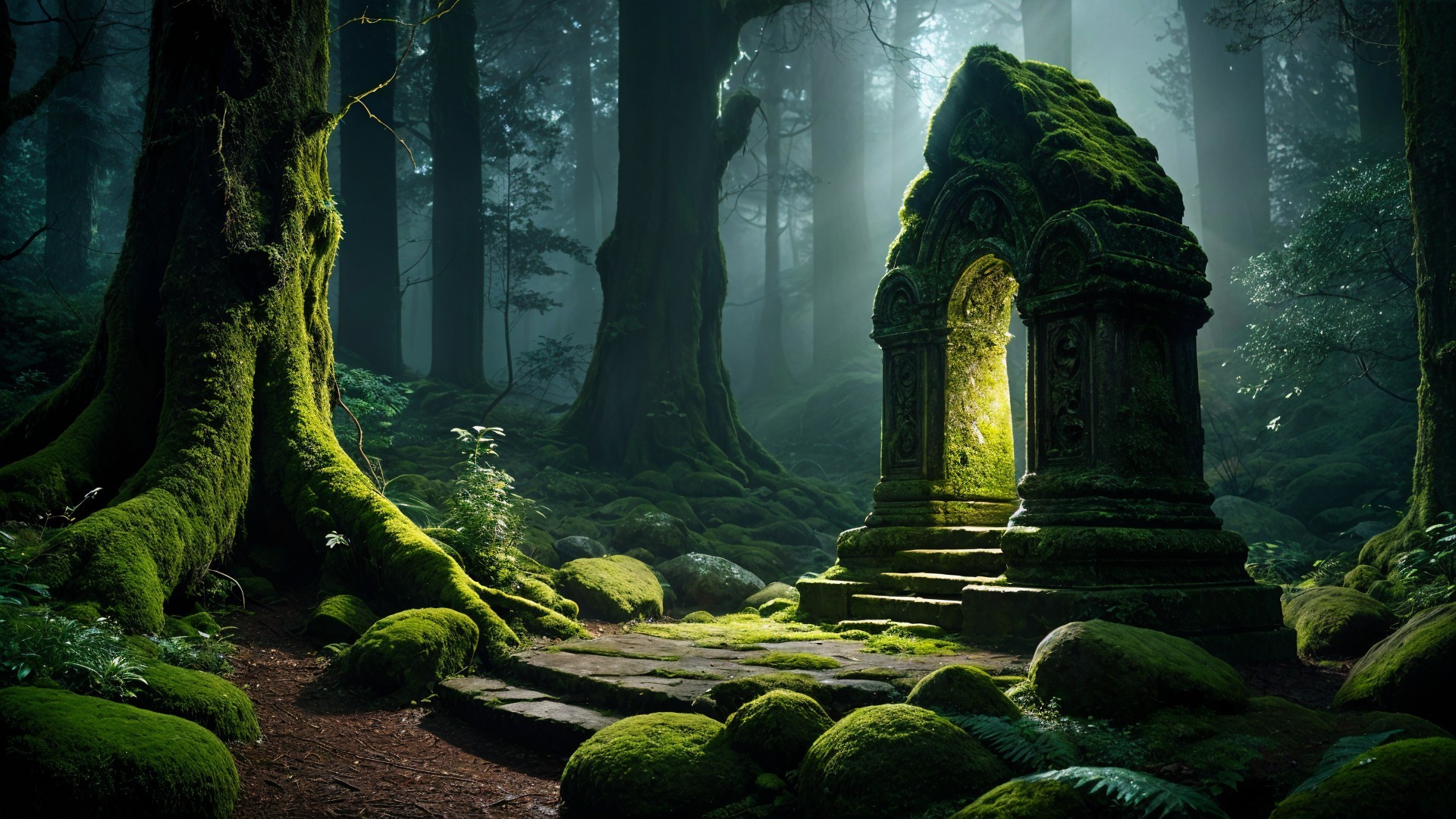 Mystical Forest with Stone Archway and Lush Vegetation