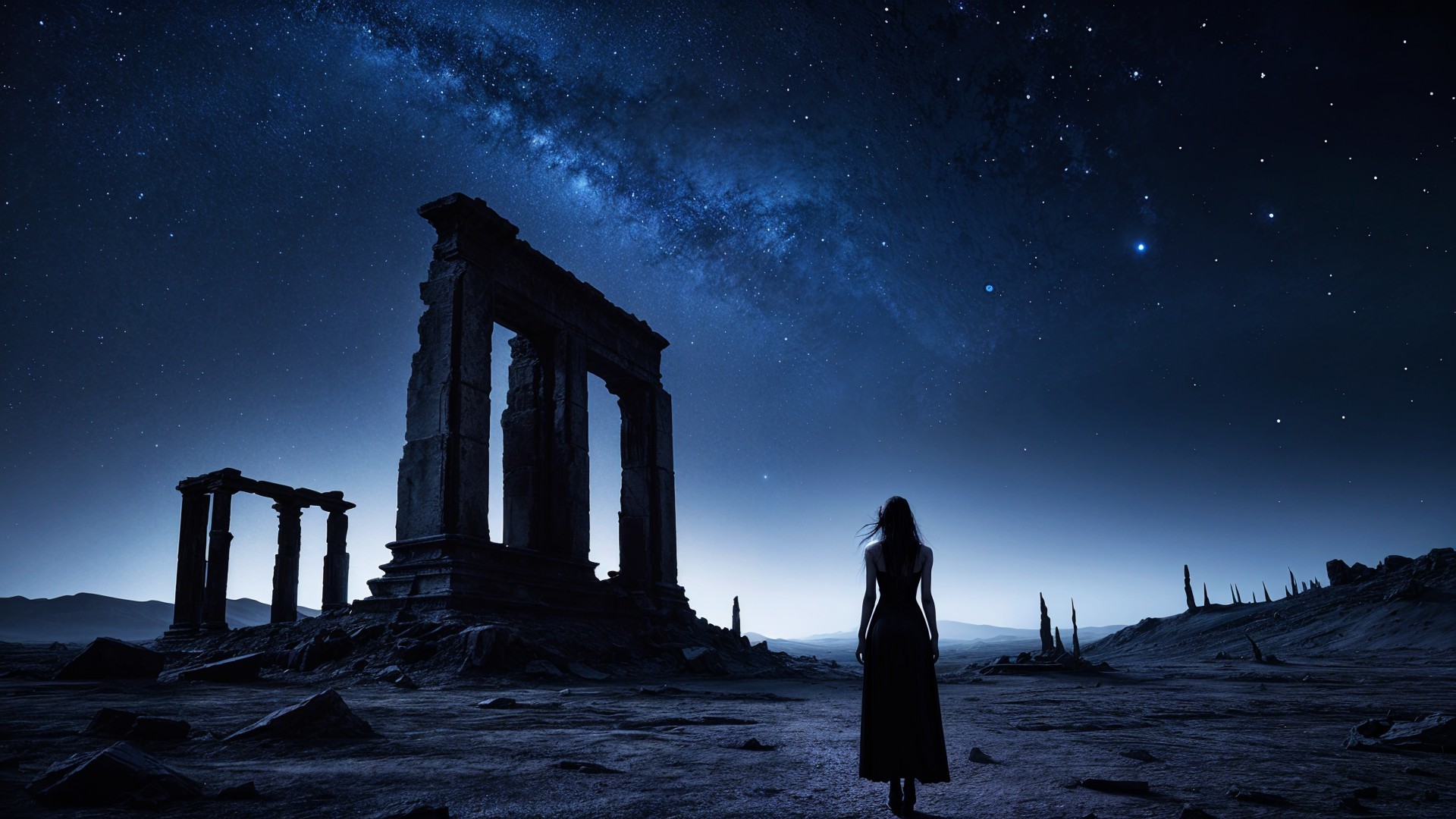Solitary Figure Against Twilight Sky and Ancient Columns