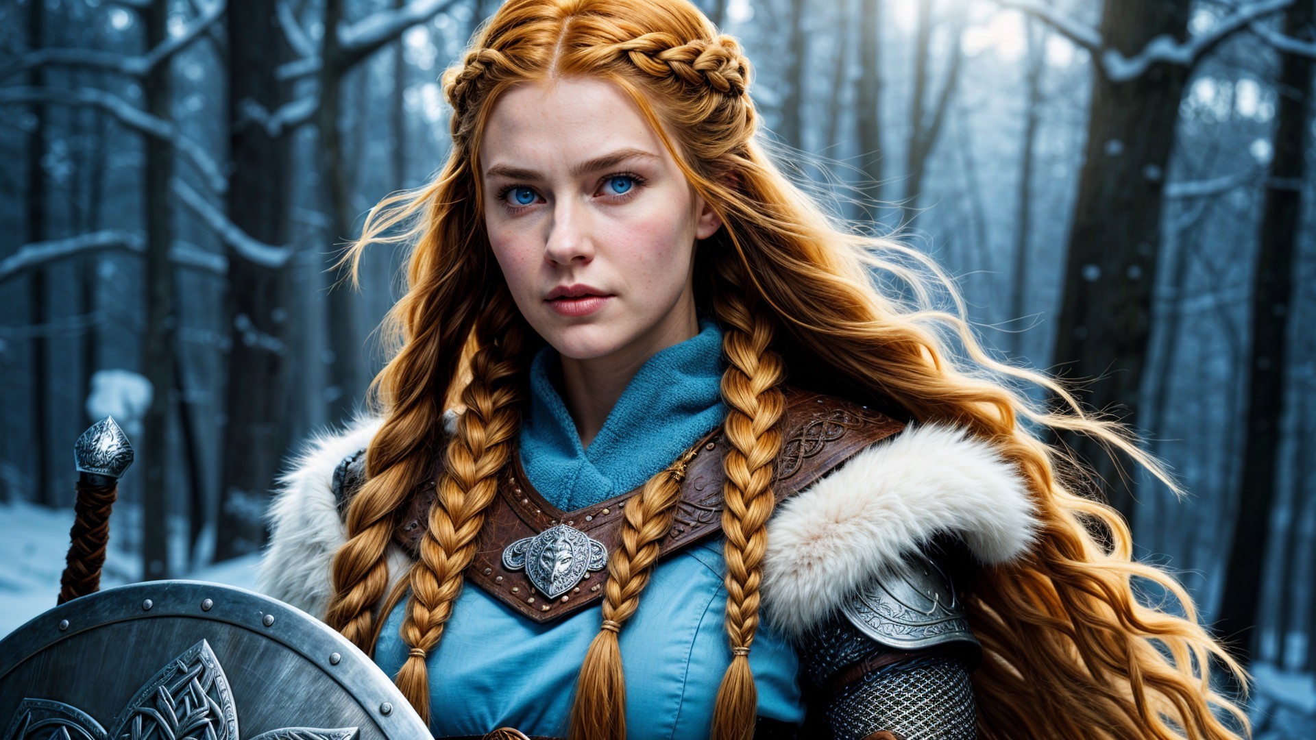 Fierce Warrior Woman in Snowy Forest Setting