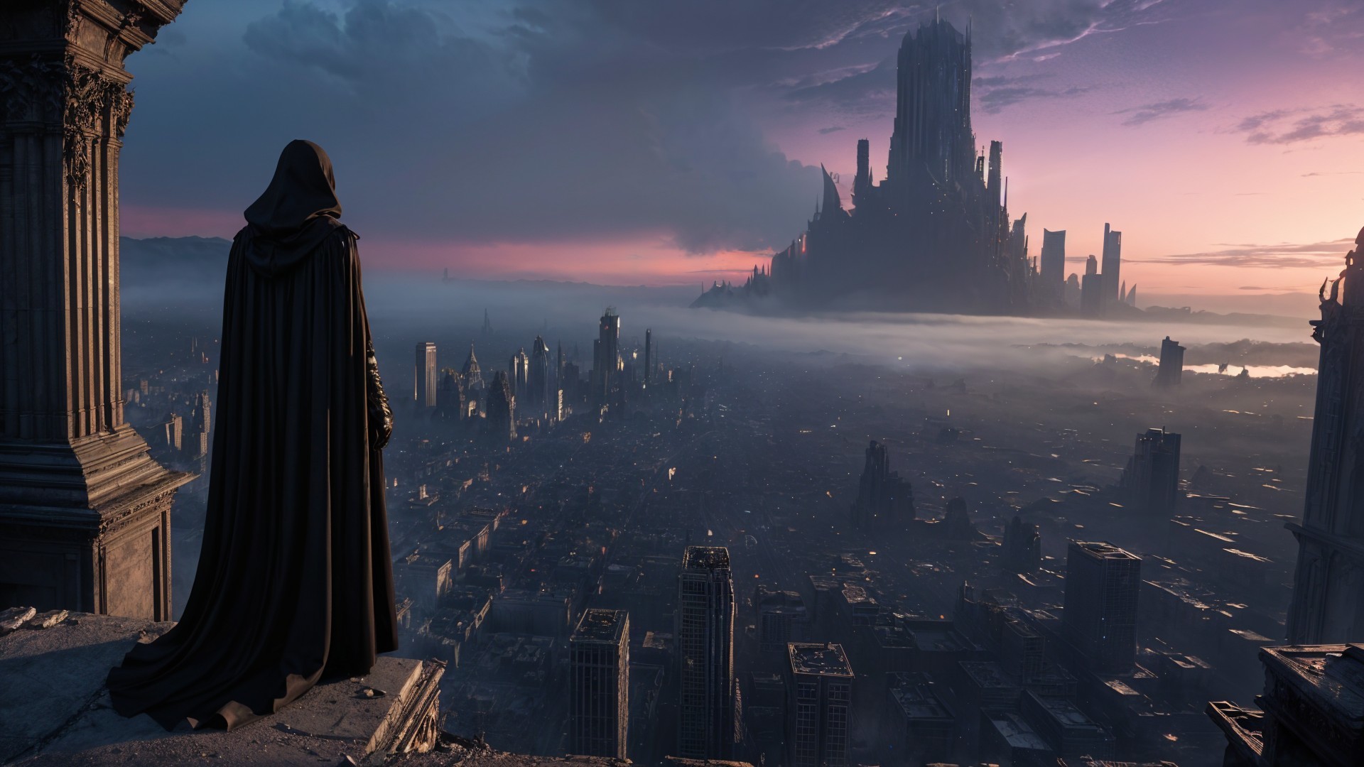 Cloaked Figure Overlooking Futuristic City at Twilight