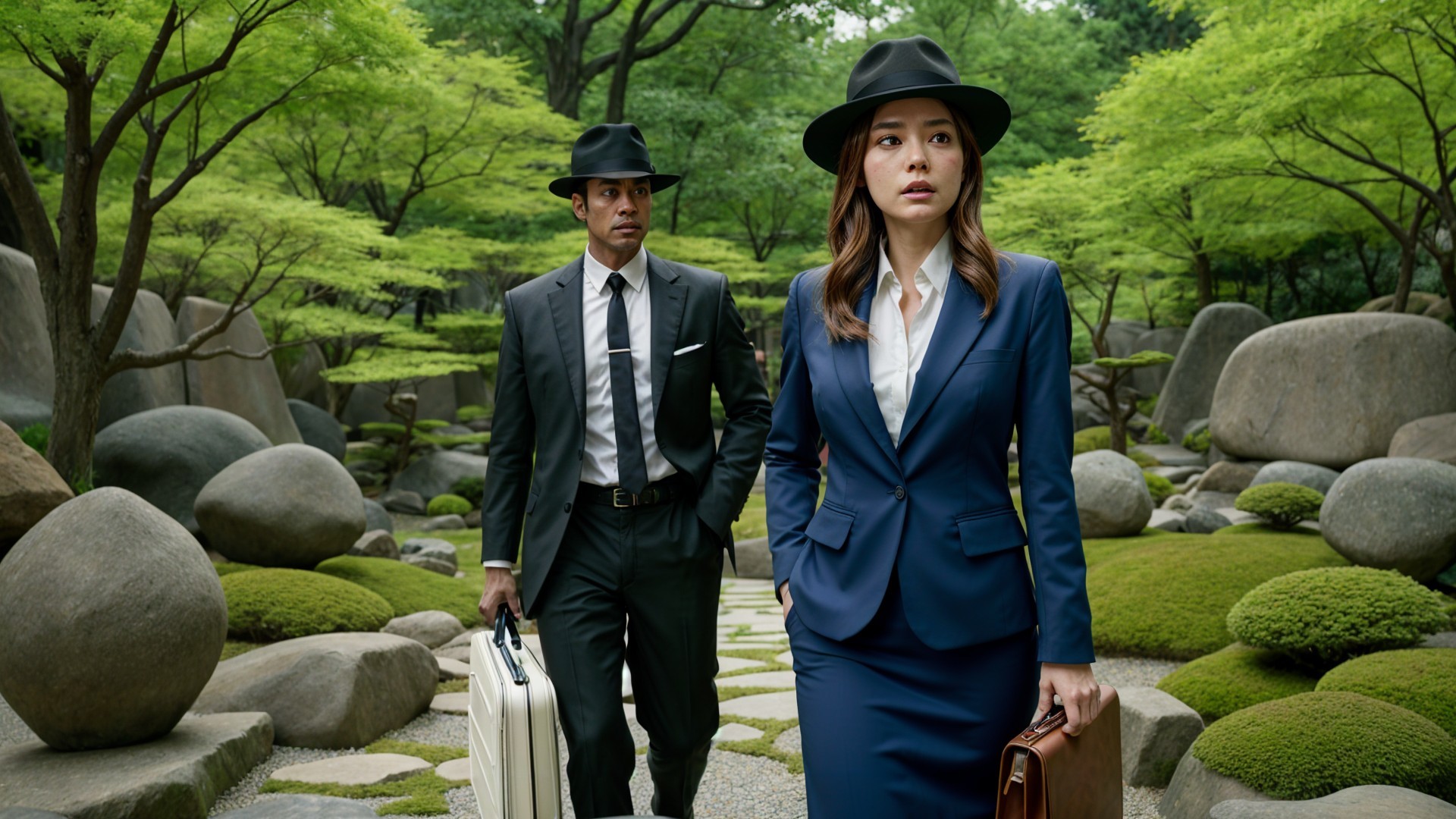 Formal Attire in a Serene Japanese Garden Setting